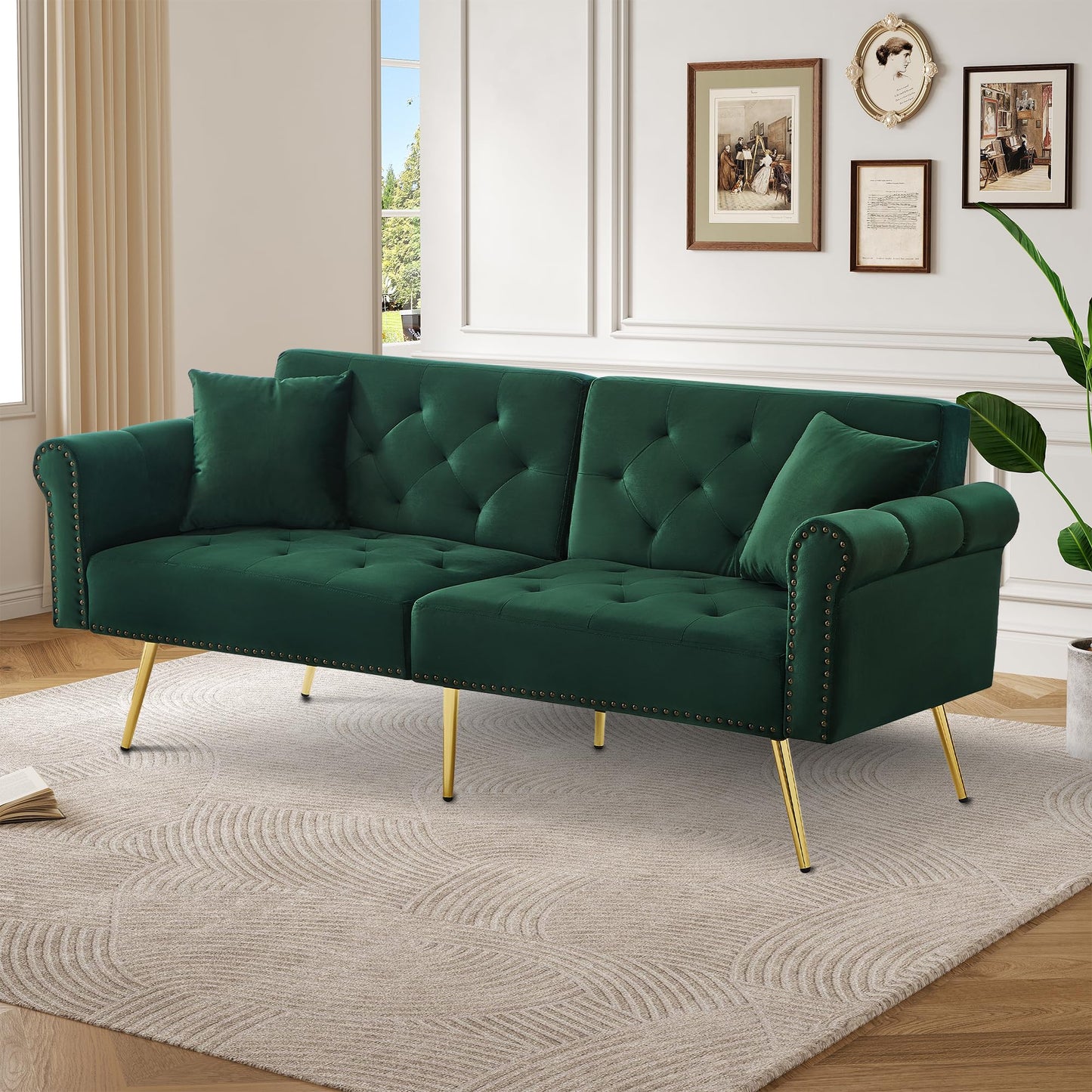 Kayan Modern 2-Seater Sofa Bed – Velvet Upholstery, 3-Stage Adjustable Backrest & Gold-Plated Metal Feet Stylish Sofa with Sleeping Function – Space-Saving, Durable, Ideal for Small Spaces,Pink