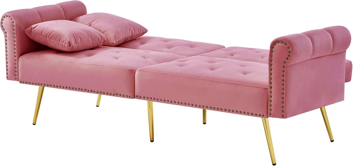 Kayan Modern 2-Seater Sofa Bed – Velvet Upholstery, 3-Stage Adjustable Backrest & Gold-Plated Metal Feet Stylish Sofa with Sleeping Function – Space-Saving, Durable, Ideal for Small Spaces，Pink