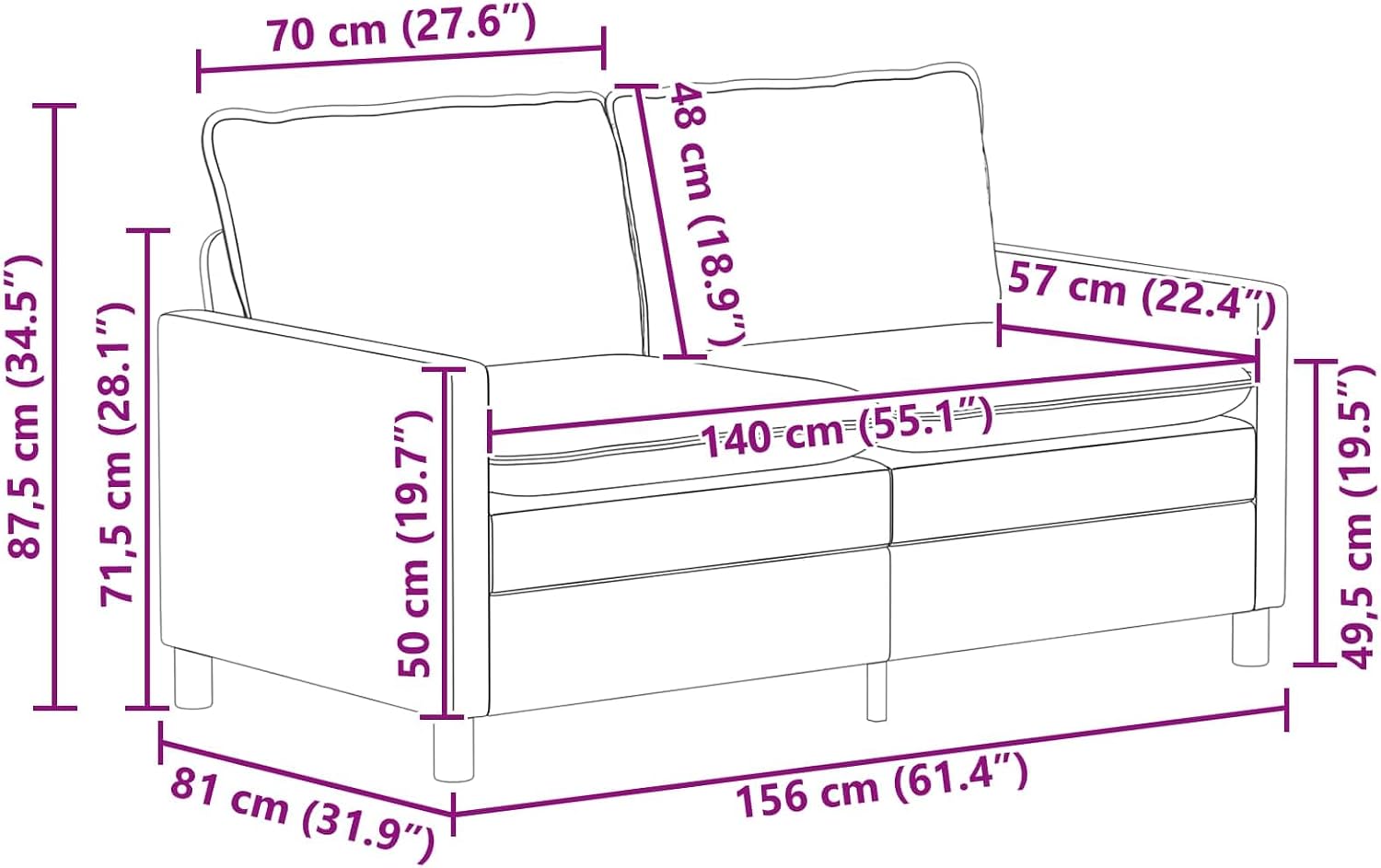 Sofa Wine Red 156 x 81 x 87.5 cm - 2-Seater Couch with Fabric Cover and Metal Frame, Modern Design for Living Room and Office