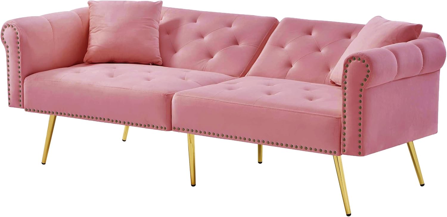 Kayan Modern 2-Seater Sofa Bed – Velvet Upholstery, 3-Stage Adjustable Backrest & Gold-Plated Metal Feet Stylish Sofa with Sleeping Function – Space-Saving, Durable, Ideal for Small Spaces，Pink