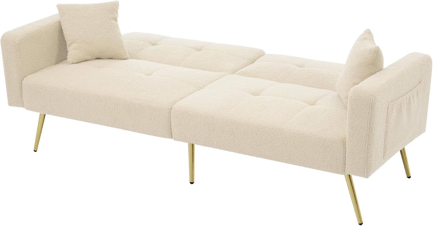 Kayan The sofa bed has a bed function, three adjustable backrest angles, gold legs, cushions and side storage pockets，Beige