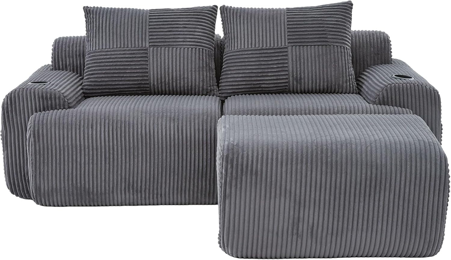Kayan Modular 2-Seater Corduroy Sofa with Ottomans, Freely Configurable Sofa Set with Cup Holders and Side Storage Pockets, Ideal for Living Rooms, Family Rooms, and Other Spaces，Dark gray