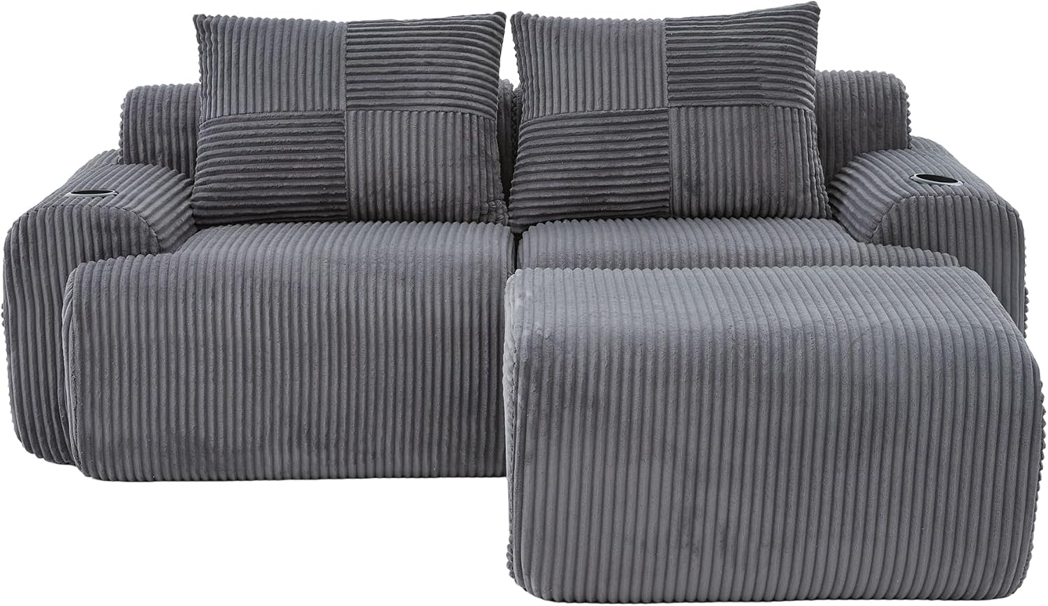 Kayan Modular 2-Seater Corduroy Sofa with Ottomans, Freely Configurable Sofa Set with Cup Holders and Side Storage Pockets, Ideal for Living Rooms, Family Rooms, and Other Spaces，Dark gray