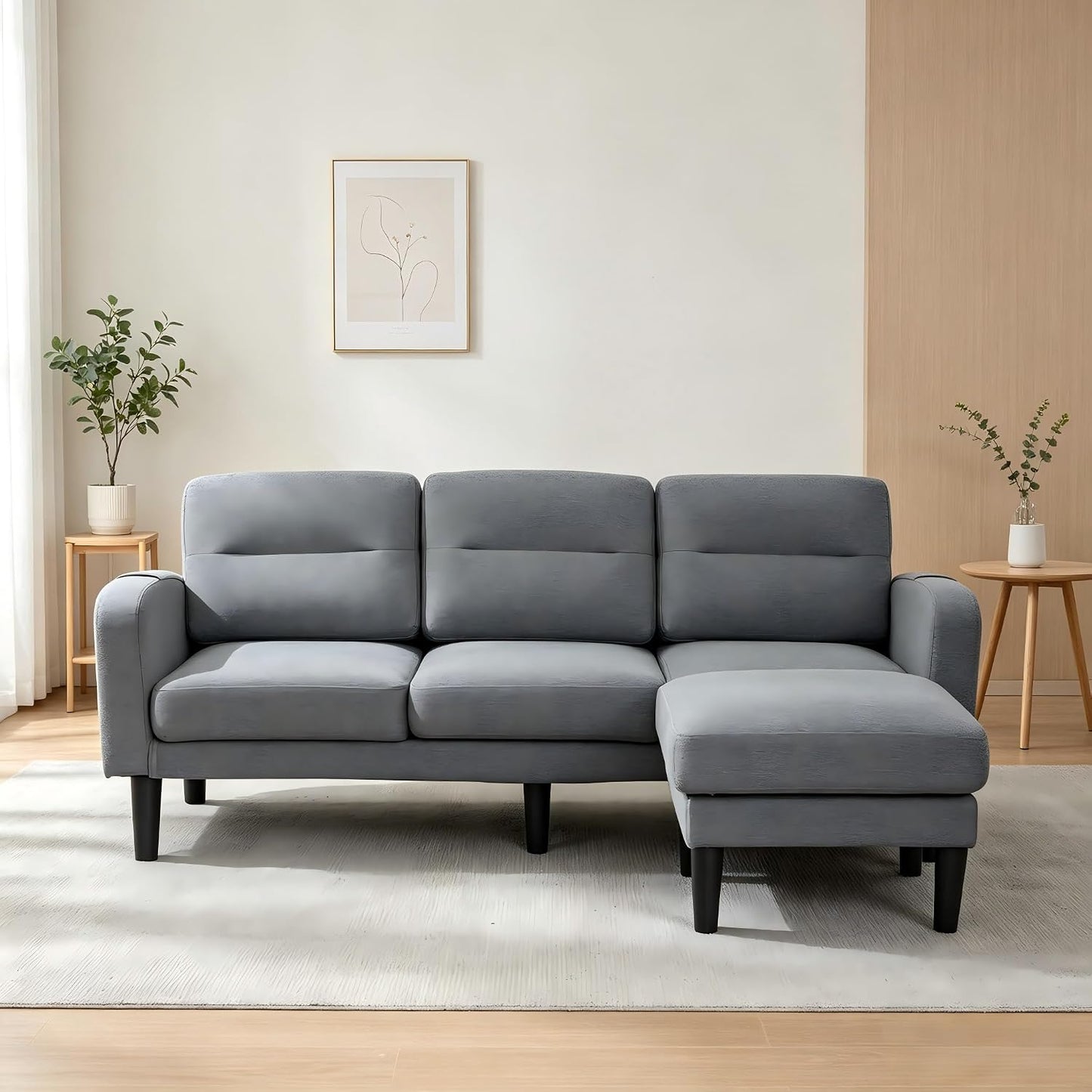 Kayan Grey Cotton and Linen Sofa Corner Sofa,L Shaped Couch,Modular Fiexible Sectional 3 Seater Sofa With Chaise Lounge for Living Room,Side Storage Pockets, 10 Sofa Legs，Gray