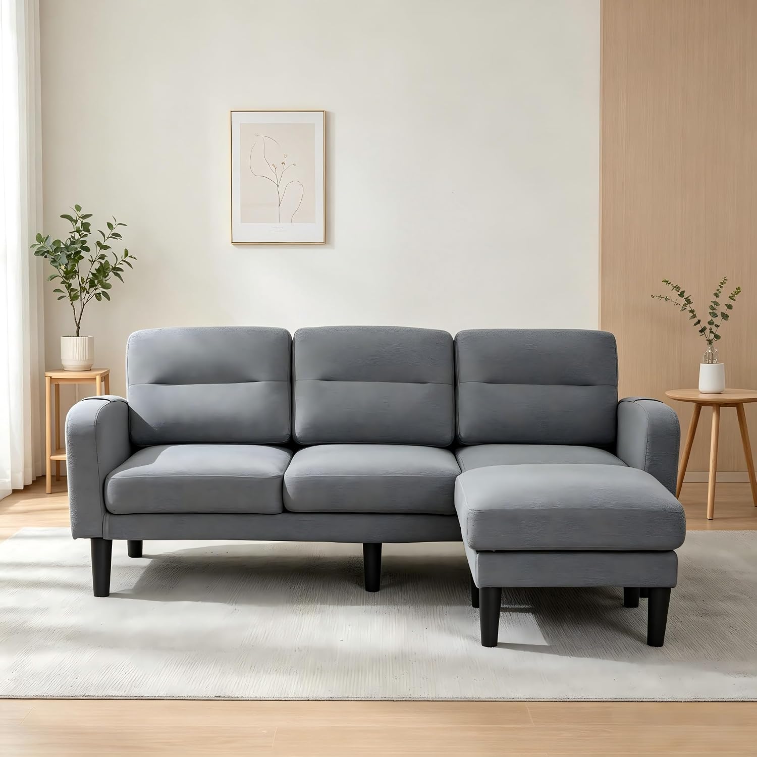Kayan Grey Cotton and Linen Sofa Corner Sofa,L Shaped Couch,Modular Fiexible Sectional 3 Seater Sofa With Chaise Lounge for Living Room,Side Storage Pockets, 10 Sofa Legs，Gray