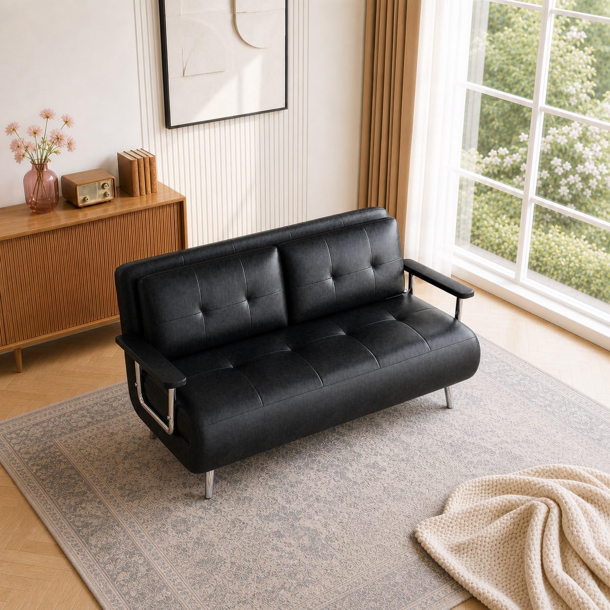 2 Seater Convertible Sofa Bed,150cm Faux Oil Wax Leather Sofa (Black)