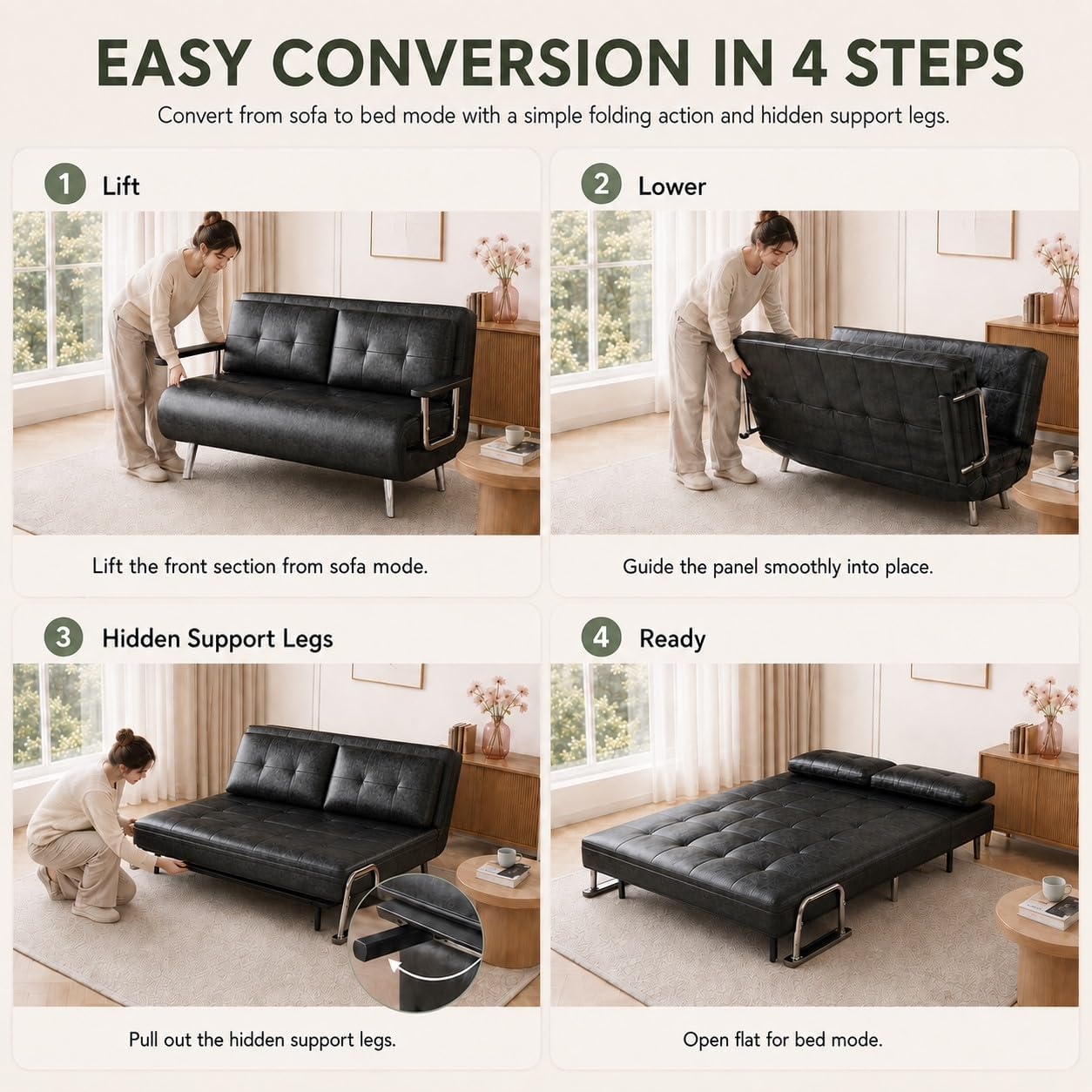2 Seater Convertible Sofa Bed,150cm Faux Oil Wax Leather Sofa (Black)