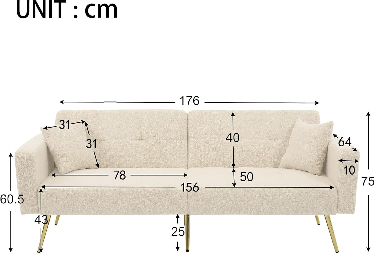 Kayan The sofa bed has a bed function, three adjustable backrest angles, gold legs, cushions and side storage pockets，Beige