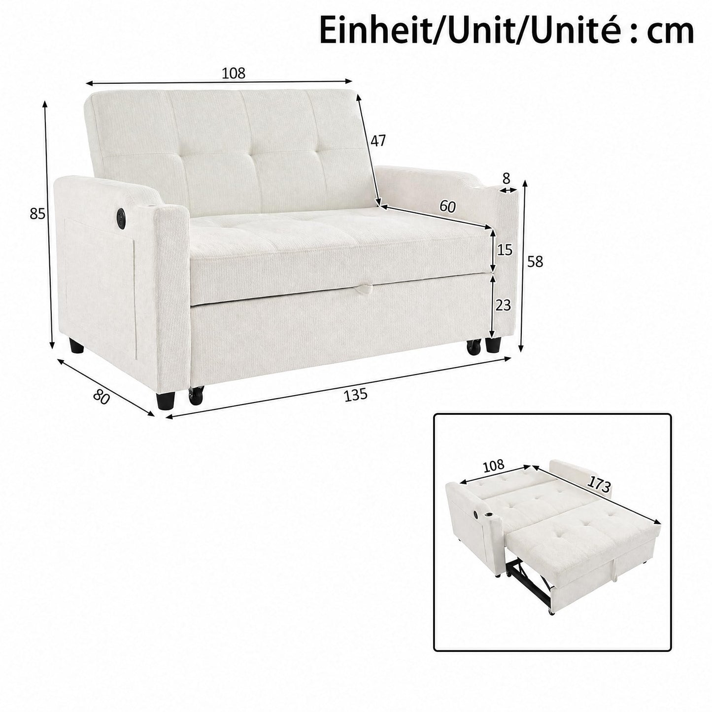 Merax Convertible 2 Seater Sofa Bed, Pull Out Sleeper Sofa with 3 Level Adjustable Backrest, Breathable Cotton Linen Fabric, Space Saving Fold Out Guest Bed for Living Room, Beige