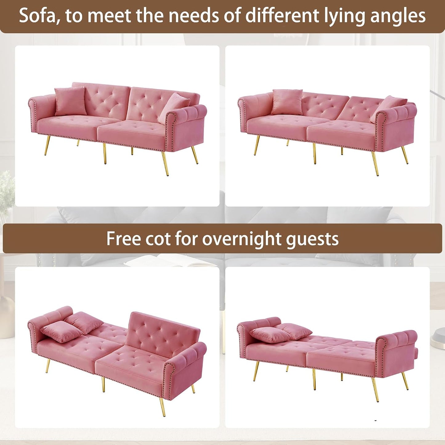 Kayan Modern 2-Seater Sofa Bed – Velvet Upholstery, 3-Stage Adjustable Backrest & Gold-Plated Metal Feet Stylish Sofa with Sleeping Function – Space-Saving, Durable, Ideal for Small Spaces，Pink