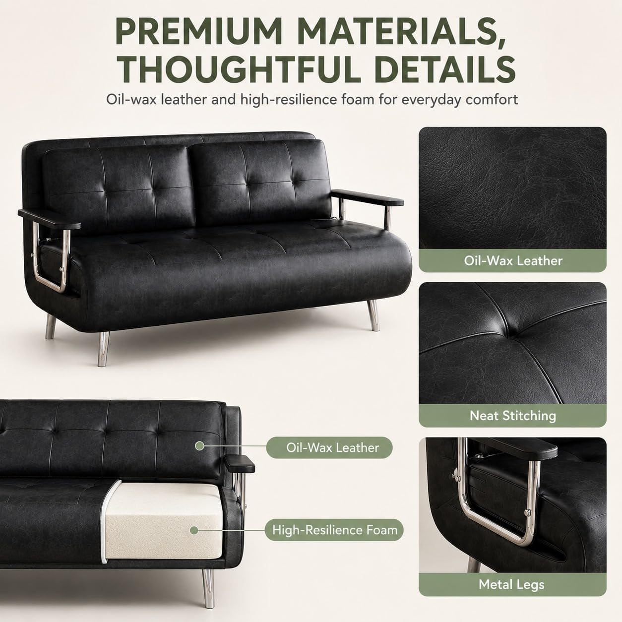 2 Seater Convertible Sofa Bed,150cm Faux Oil Wax Leather Sofa (Black)