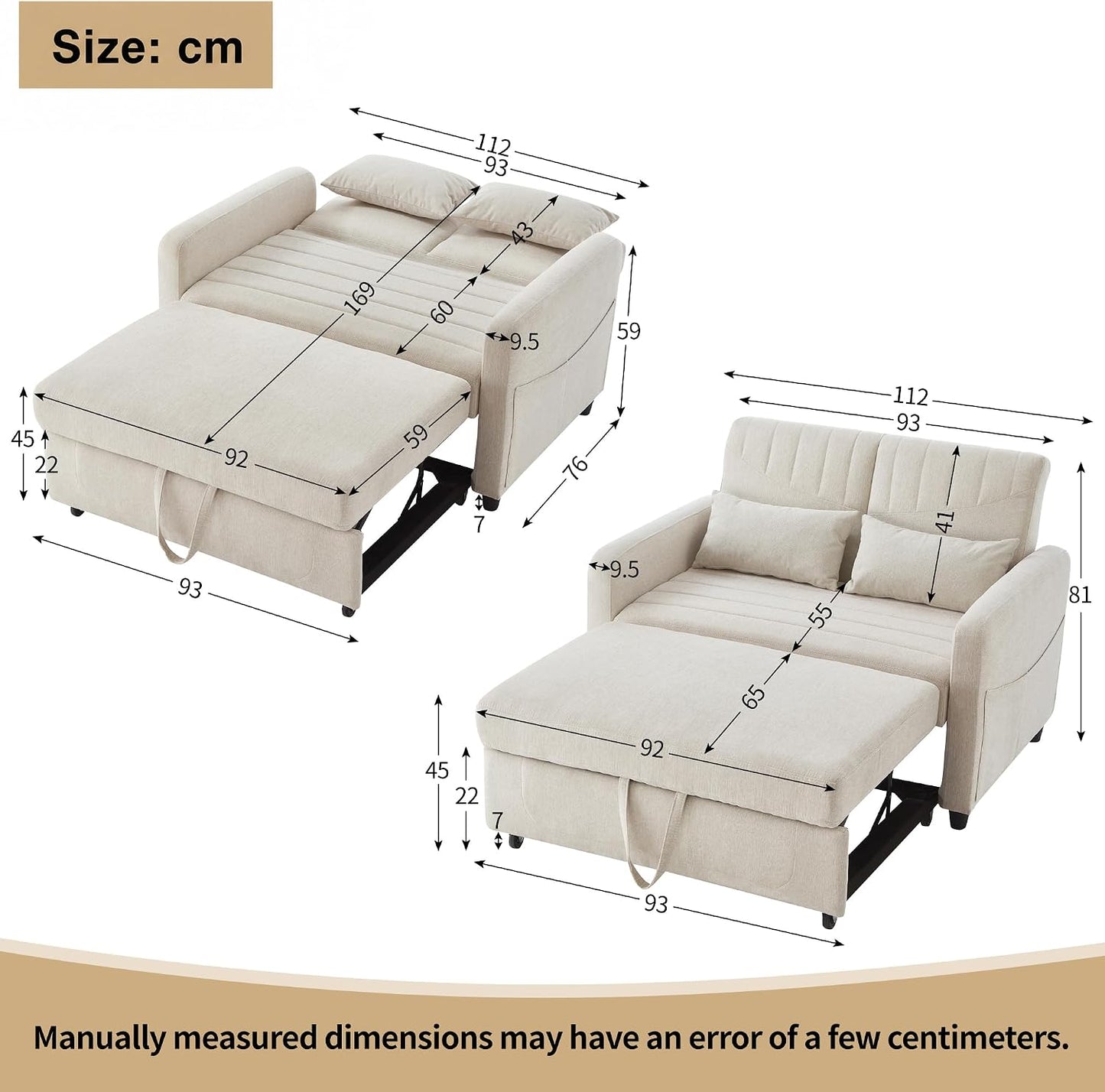 Merax Convertible 2 Seater Sofa Bed, Pull Out Sleeper Sofa with 3 Level Adjustable Backrest, Breathable Cotton Linen Fabric, Space Saving Fold Out Guest Bed for Living Room, Beige