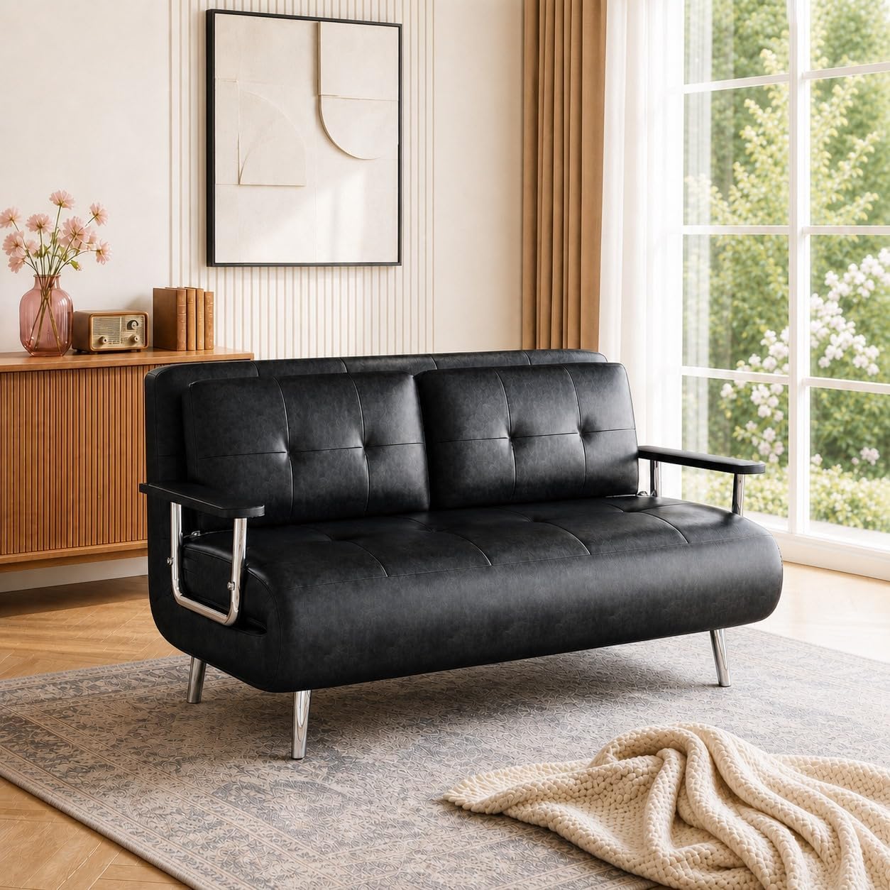 2 Seater Convertible Sofa Bed,150cm Faux Oil Wax Leather Sofa (Black)