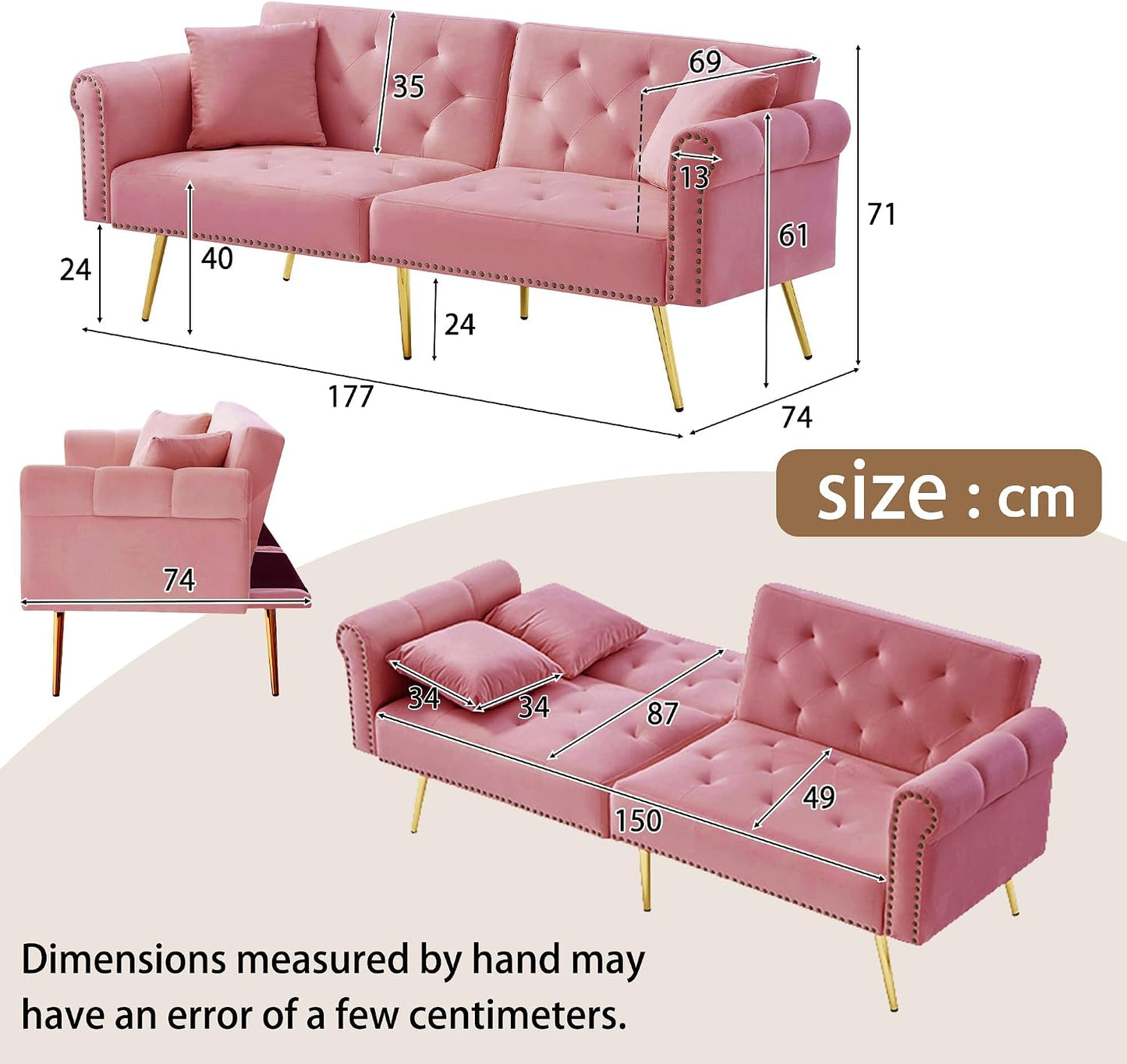 Kayan Modern 2-Seater Sofa Bed – Velvet Upholstery, 3-Stage Adjustable Backrest & Gold-Plated Metal Feet Stylish Sofa with Sleeping Function – Space-Saving, Durable, Ideal for Small Spaces，Pink