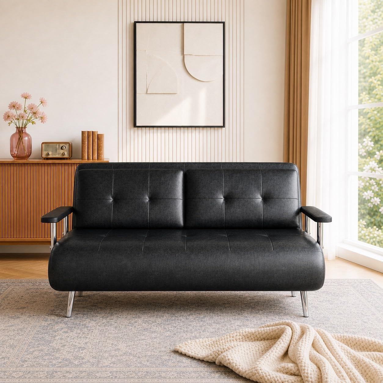 2 Seater Convertible Sofa Bed,150cm Faux Oil Wax Leather Sofa (Black)