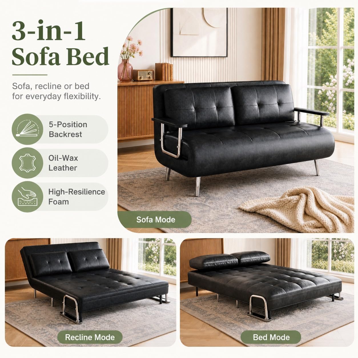 2 Seater Convertible Sofa Bed,150cm Faux Oil Wax Leather Sofa (Black)