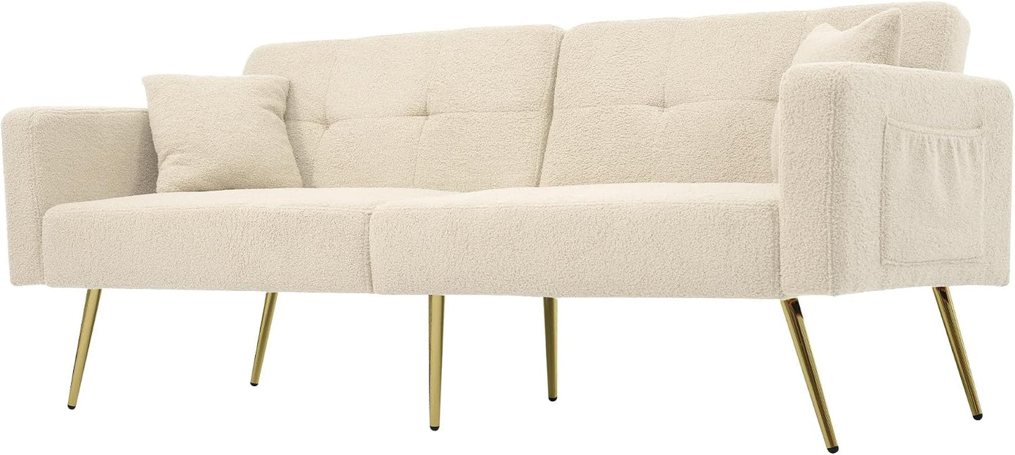 Kayan The sofa bed has a bed function, three adjustable backrest angles, gold legs, cushions and side storage pockets，Beige