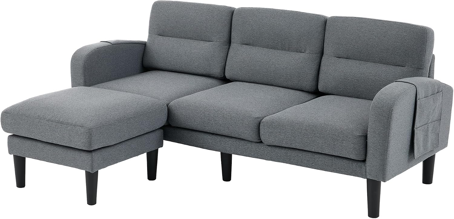 Kayan Grey Cotton and Linen Sofa Corner Sofa,L Shaped Couch,Modular Fiexible Sectional 3 Seater Sofa With Chaise Lounge for Living Room,Side Storage Pockets, 10 Sofa Legs，Gray