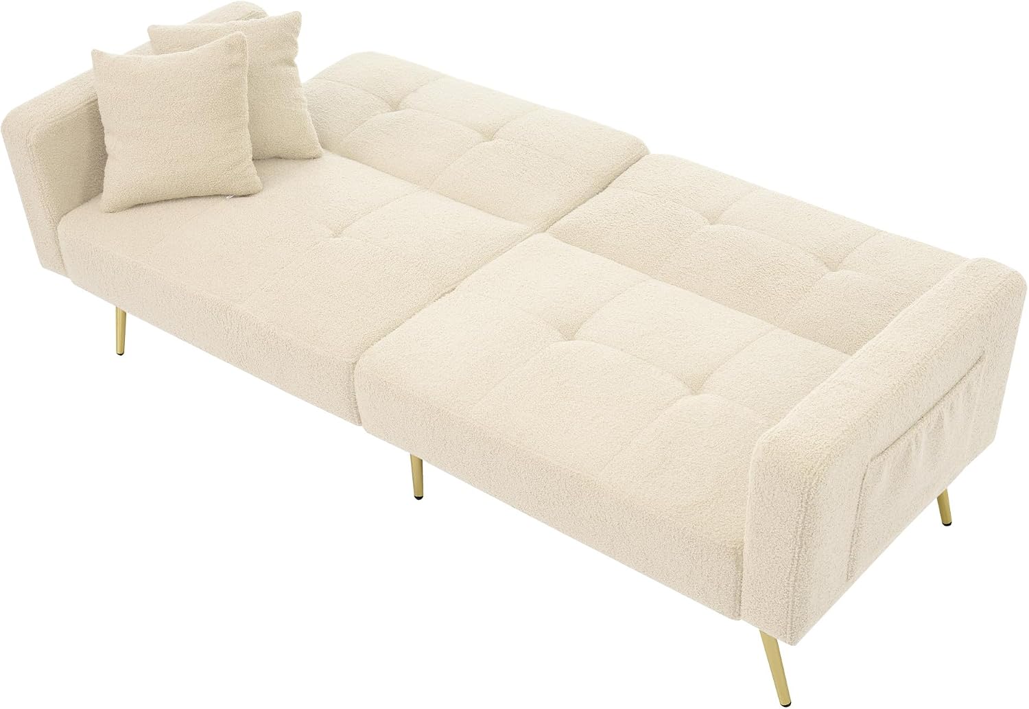 Kayan The sofa bed has a bed function, three adjustable backrest angles, gold legs, cushions and side storage pockets，Beige