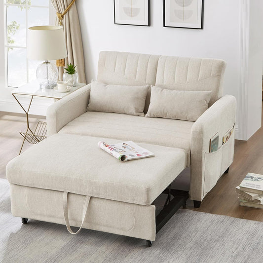 Merax Convertible 2 Seater Sofa Bed, Pull Out Sleeper Sofa with 3 Level Adjustable Backrest, Breathable Cotton Linen Fabric, Space Saving Fold Out Guest Bed for Living Room, Beige