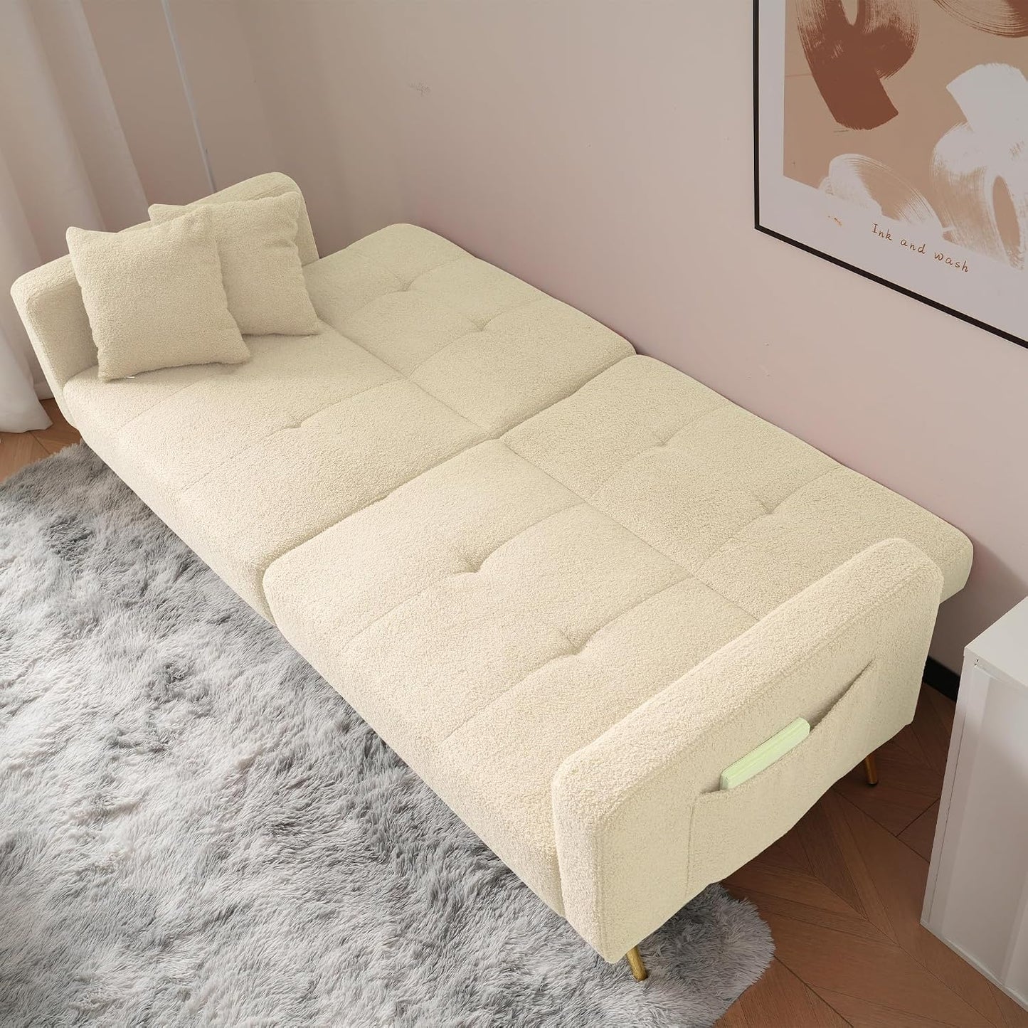 Kayan The sofa bed has a bed function, three adjustable backrest angles, gold legs, cushions and side storage pockets，Beige