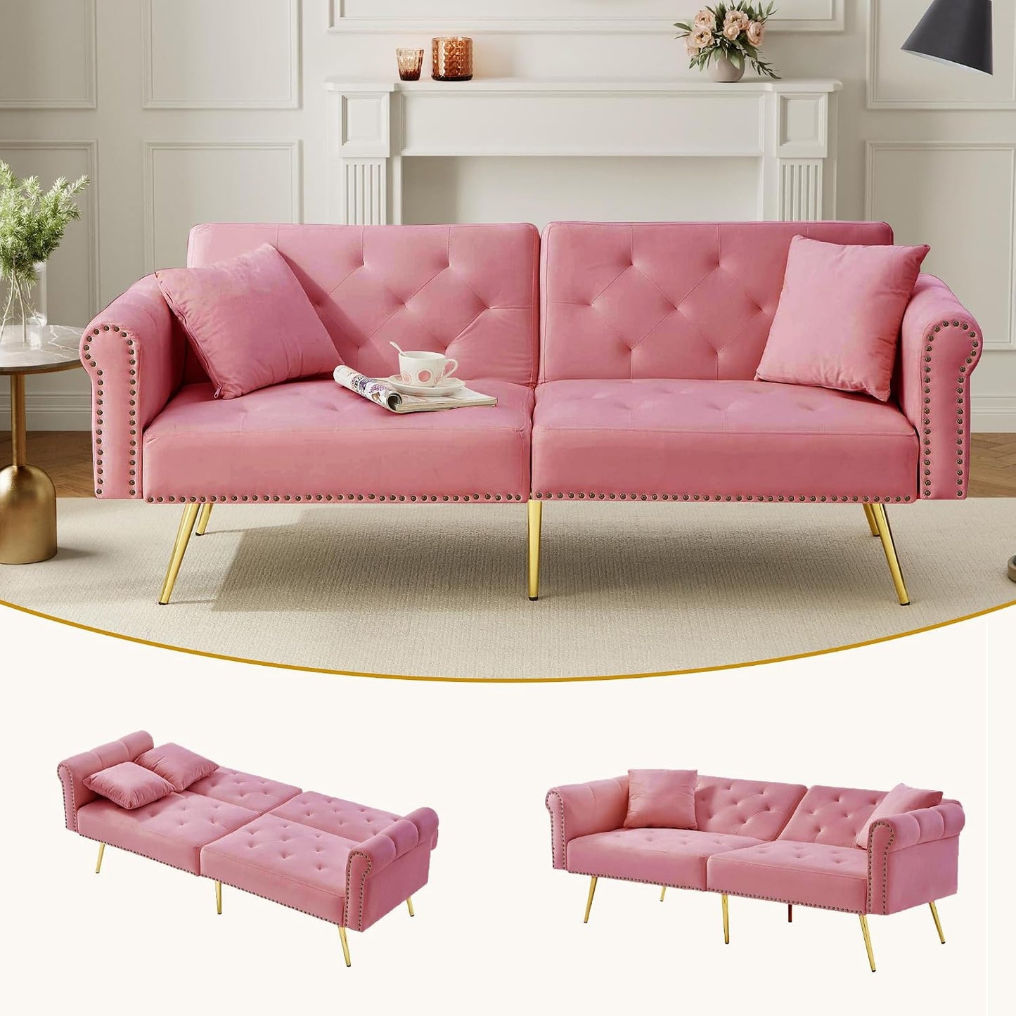 Kayan Modern 2-Seater Sofa Bed – Velvet Upholstery, 3-Stage Adjustable Backrest & Gold-Plated Metal Feet Stylish Sofa with Sleeping Function – Space-Saving, Durable, Ideal for Small Spaces，Pink