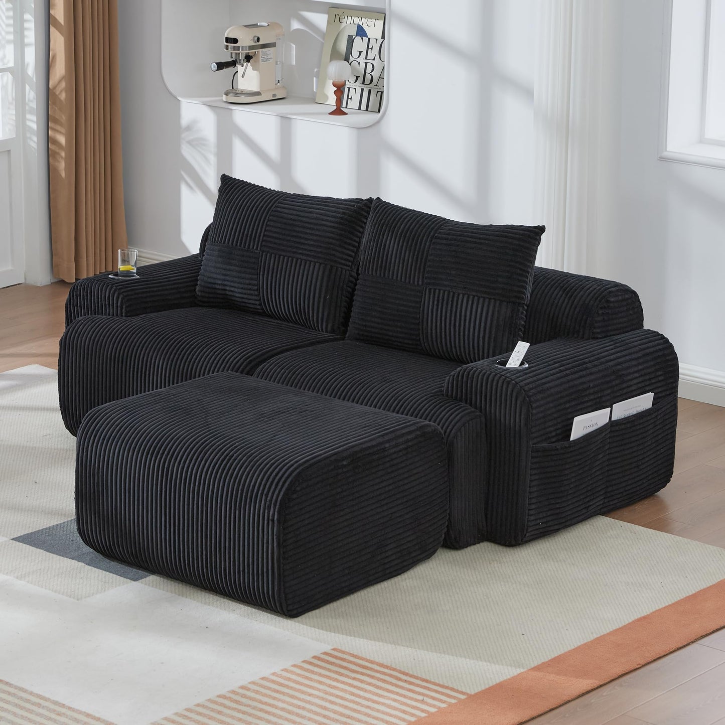 Kayan Modular 2-Seater Corduroy Sofa with Ottomans, Freely Configurable Sofa Set with Cup Holders and Side Storage Pockets, Ideal for Living Rooms, Family Rooms, and Other Spaces，Dark gray