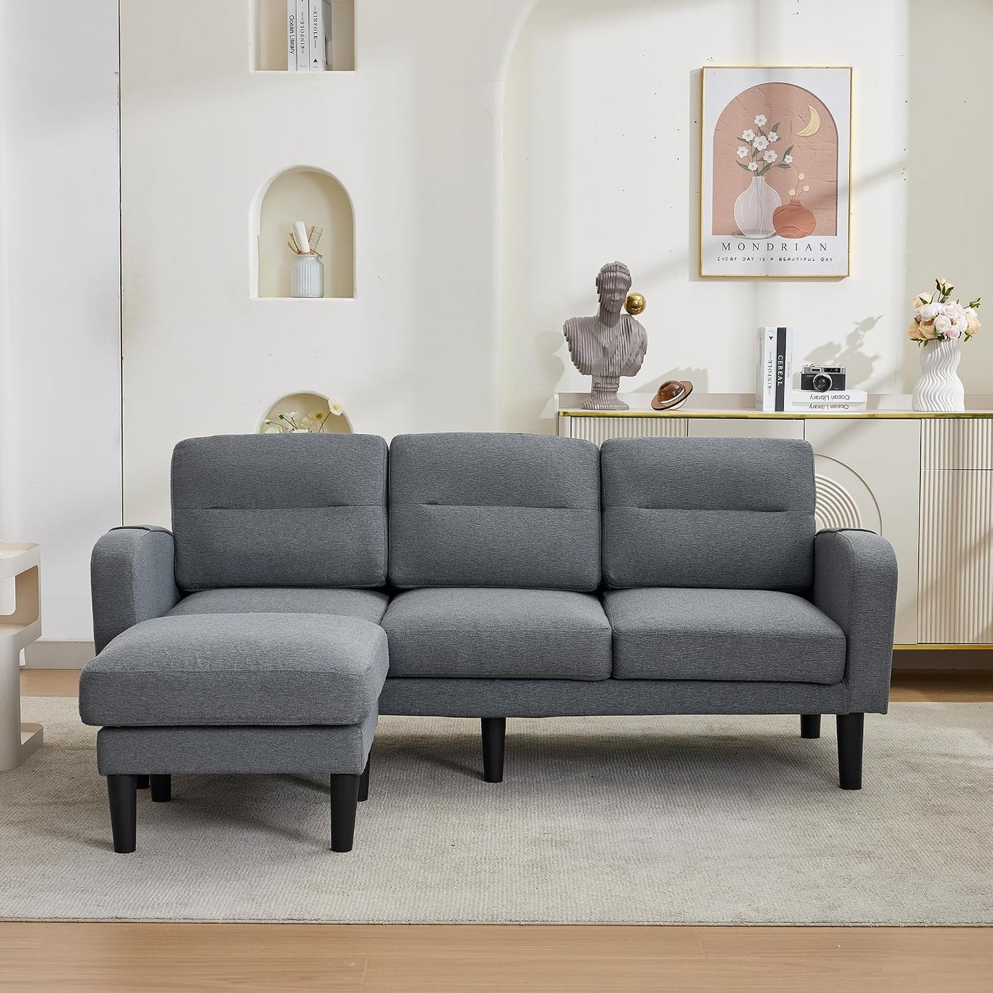 Kayan Grey Cotton and Linen Sofa Corner Sofa,L Shaped Couch,Modular Fiexible Sectional 3 Seater Sofa With Chaise Lounge for Living Room,Side Storage Pockets, 10 Sofa Legs，Gray