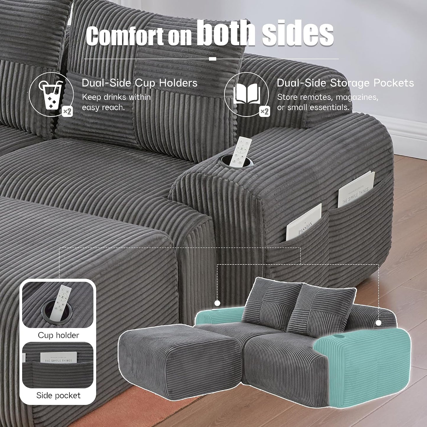 Kayan Modular 2-Seater Corduroy Sofa with Ottomans, Freely Configurable Sofa Set with Cup Holders and Side Storage Pockets, Ideal for Living Rooms, Family Rooms, and Other Spaces，Dark gray