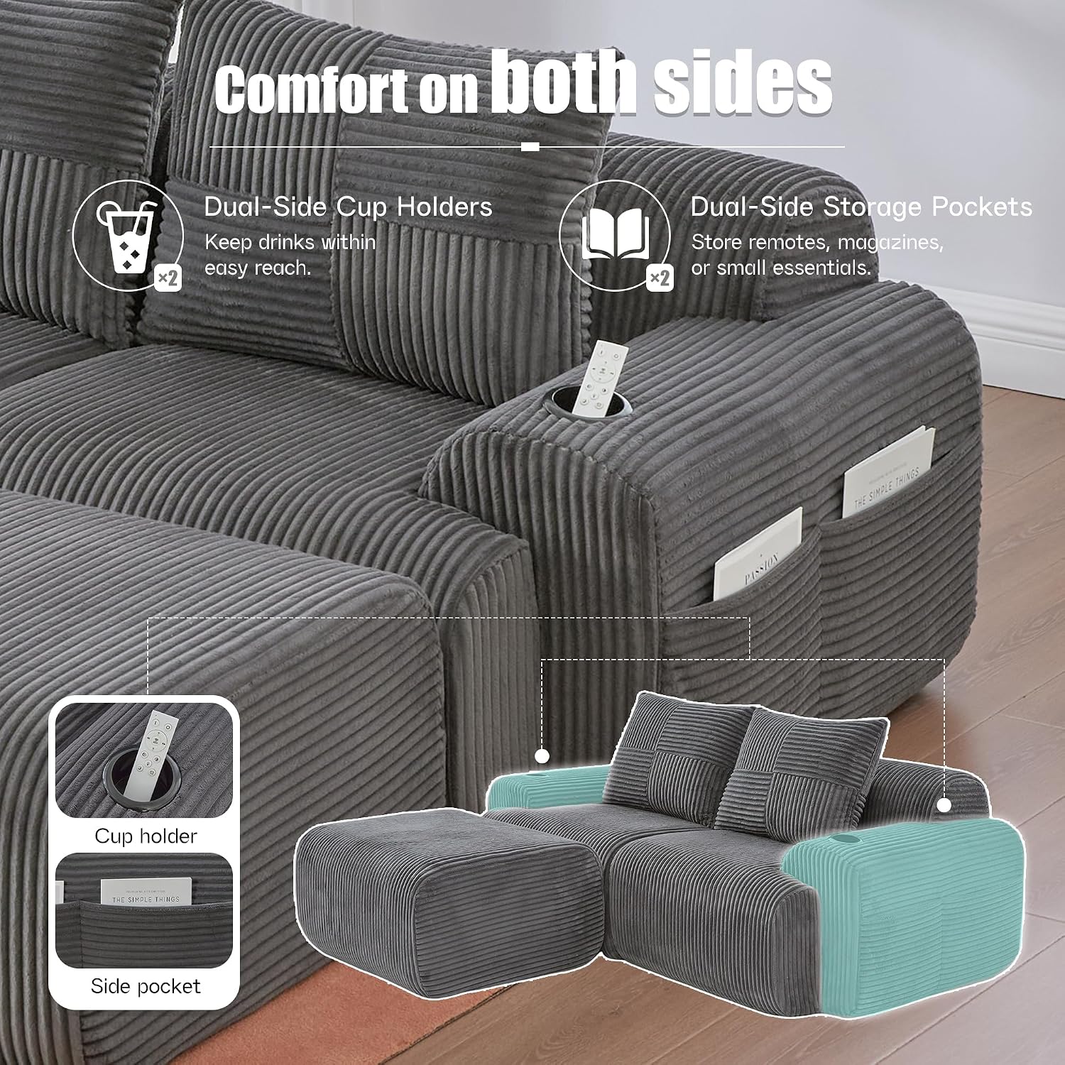 Kayan Modular 2-Seater Corduroy Sofa with Ottomans, Freely Configurable Sofa Set with Cup Holders and Side Storage Pockets, Ideal for Living Rooms, Family Rooms, and Other Spaces，Dark gray