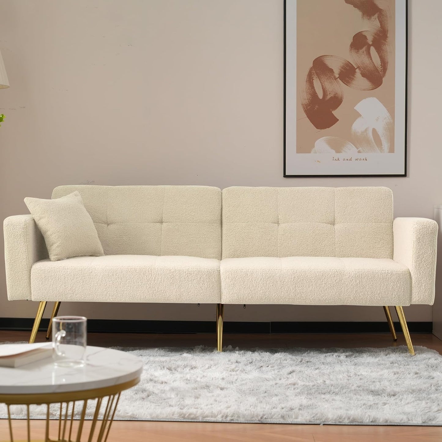 Kayan The sofa bed has a bed function, three adjustable backrest angles, gold legs, cushions and side storage pockets，Beige