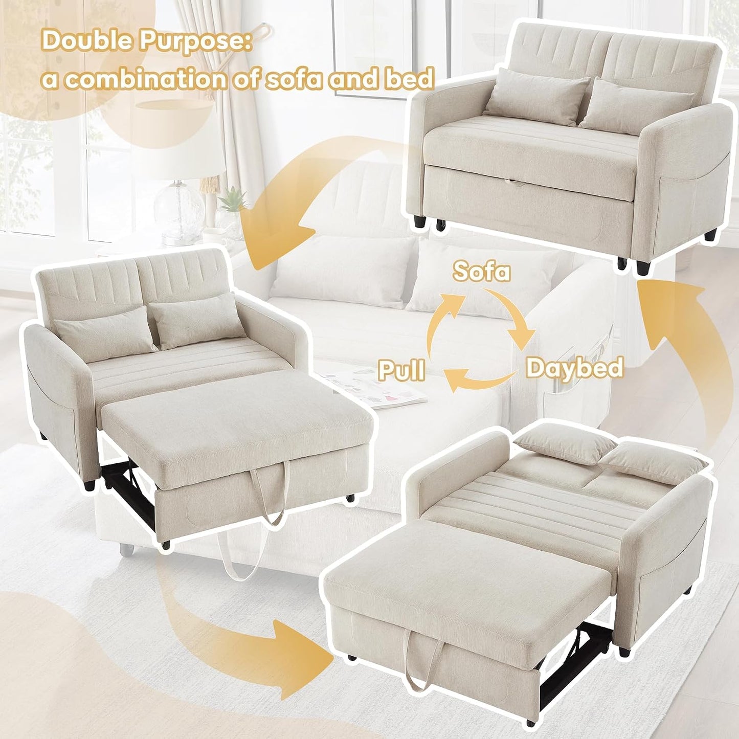 Merax Convertible 2 Seater Sofa Bed, Pull Out Sleeper Sofa with 3 Level Adjustable Backrest, Breathable Cotton Linen Fabric, Space Saving Fold Out Guest Bed for Living Room, Beige