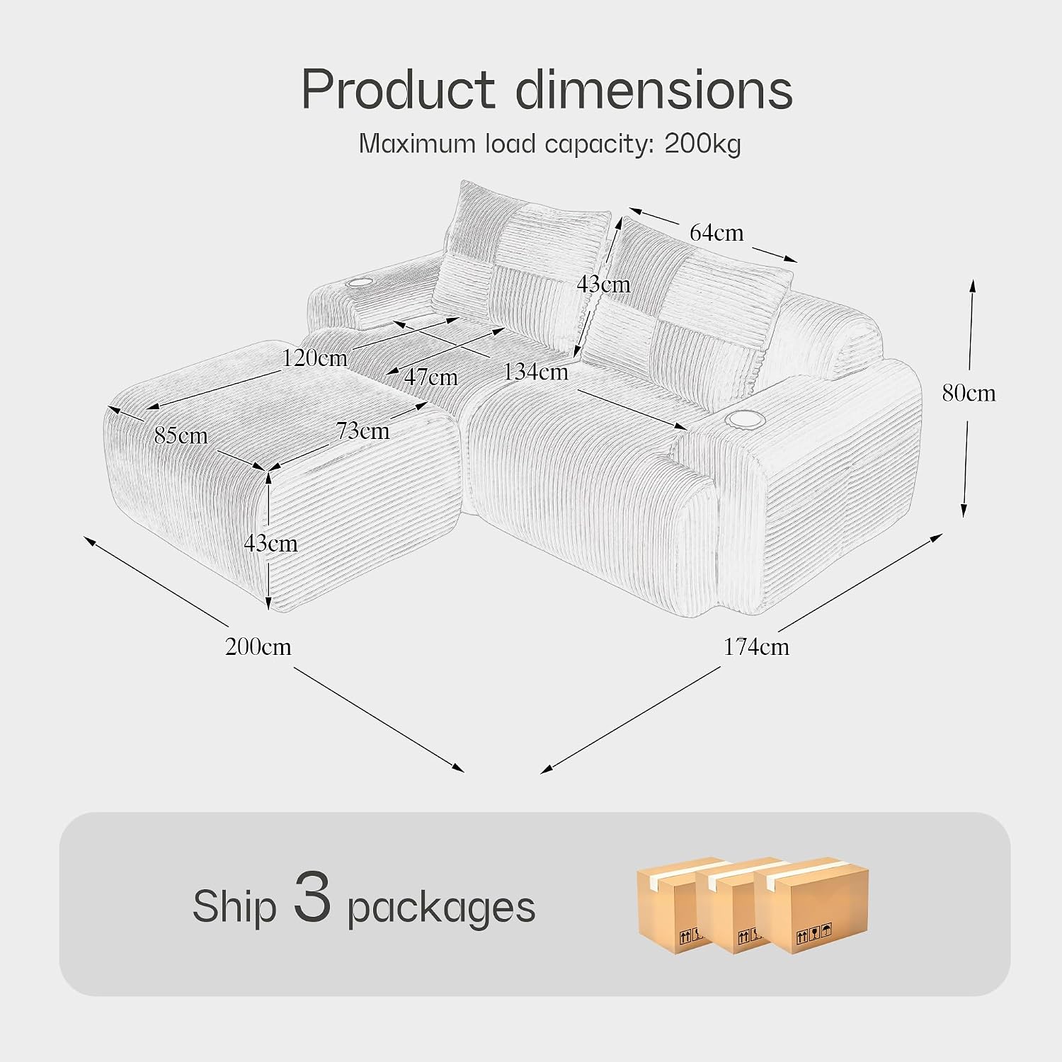 Kayan Modular 2-Seater Corduroy Sofa with Ottomans, Freely Configurable Sofa Set with Cup Holders and Side Storage Pockets, Ideal for Living Rooms, Family Rooms, and Other Spaces，Dark gray