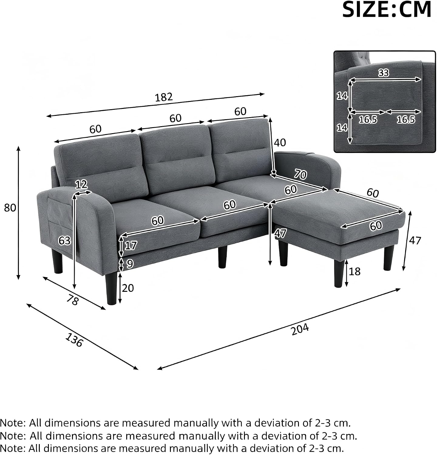 Kayan Grey Cotton and Linen Sofa Corner Sofa,L Shaped Couch,Modular Fiexible Sectional 3 Seater Sofa With Chaise Lounge for Living Room,Side Storage Pockets, 10 Sofa Legs，Gray