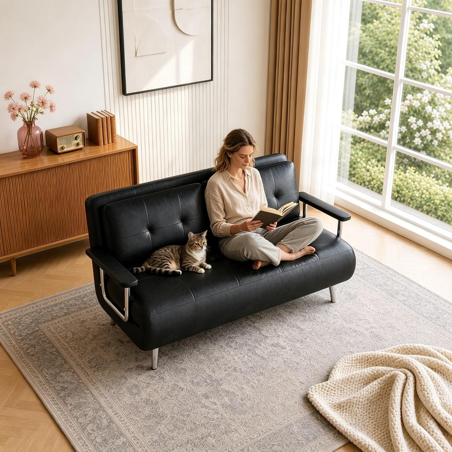 2 Seater Convertible Sofa Bed,150cm Faux Oil Wax Leather Sofa (Black)