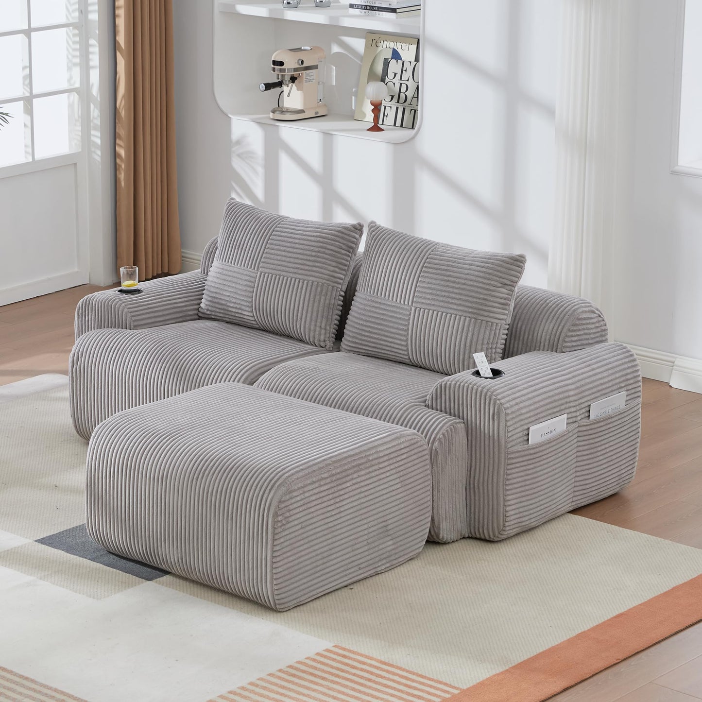 Kayan Modular 2-Seater Corduroy Sofa with Ottomans, Freely Configurable Sofa Set with Cup Holders and Side Storage Pockets, Ideal for Living Rooms, Family Rooms, and Other Spaces，Dark gray