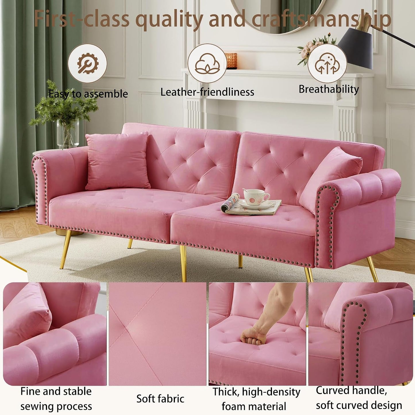 Kayan Modern 2-Seater Sofa Bed – Velvet Upholstery, 3-Stage Adjustable Backrest & Gold-Plated Metal Feet Stylish Sofa with Sleeping Function – Space-Saving, Durable, Ideal for Small Spaces，Pink