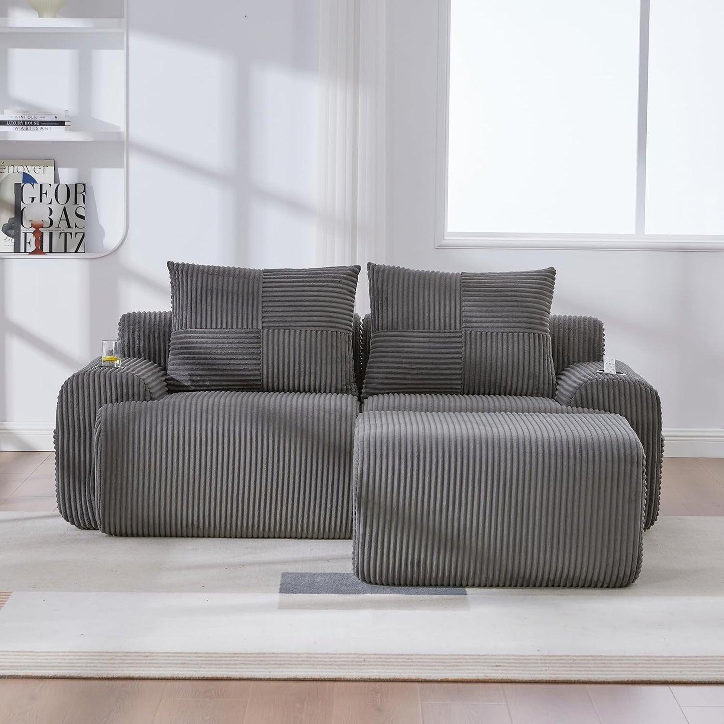 Kayan Modular 2-Seater Corduroy Sofa with Ottomans, Freely Configurable Sofa Set with Cup Holders and Side Storage Pockets, Ideal for Living Rooms, Family Rooms, and Other Spaces，Dark gray