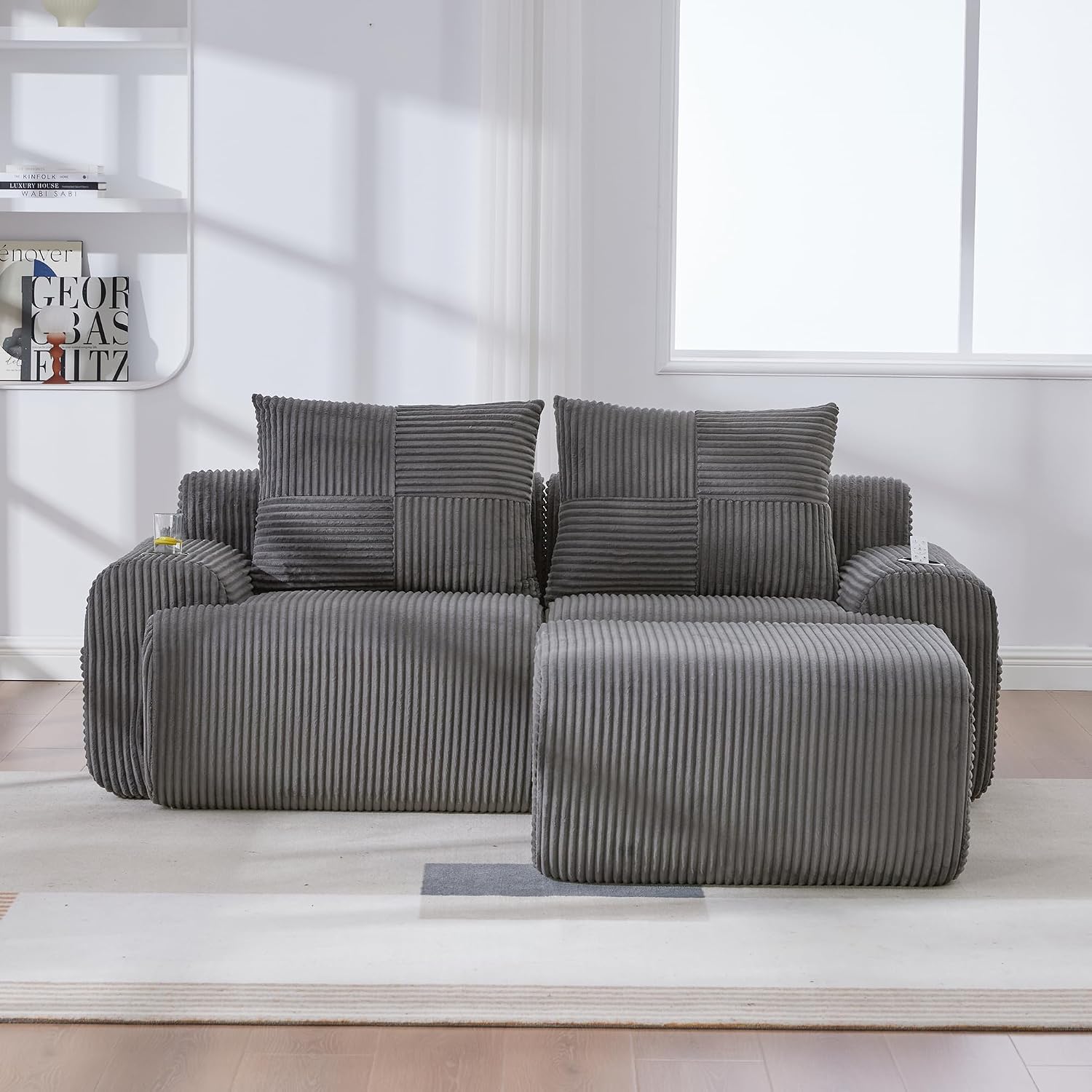 Kayan Modular 2-Seater Corduroy Sofa with Ottomans, Freely Configurable Sofa Set with Cup Holders and Side Storage Pockets, Ideal for Living Rooms, Family Rooms, and Other Spaces，Dark gray