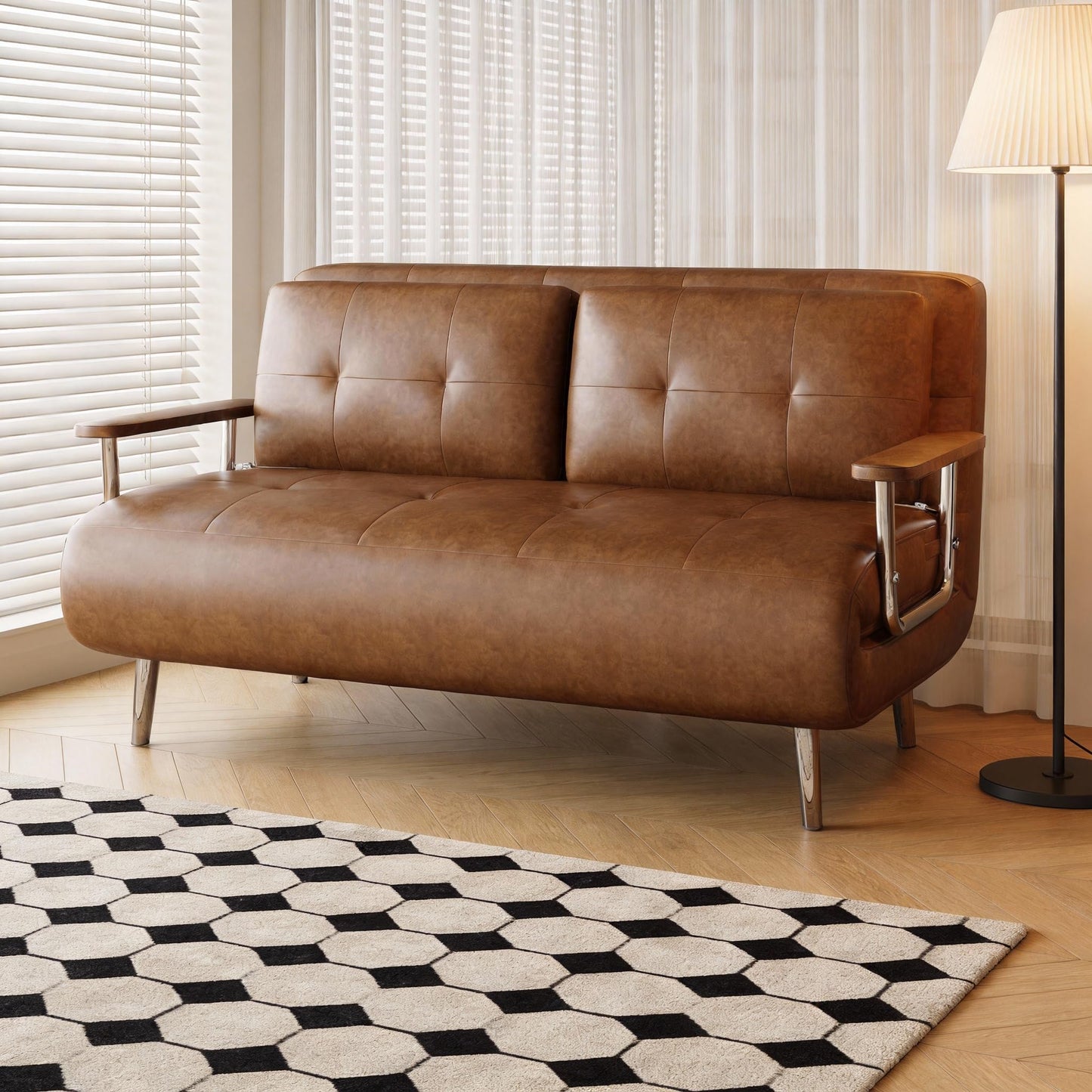2 Seater Convertible Sofa Bed,150cm Faux Oil Wax Leather Sofa (Black)