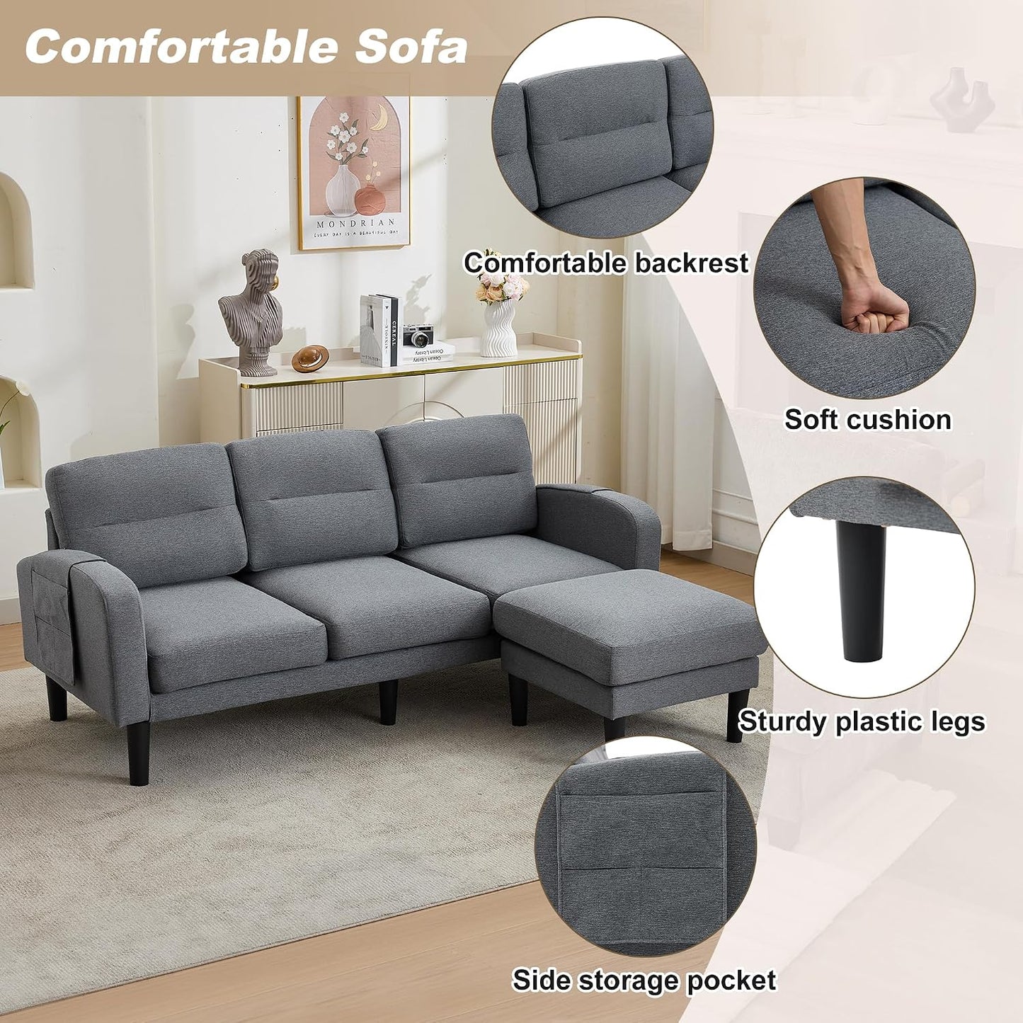 Kayan Grey Cotton and Linen Sofa Corner Sofa,L Shaped Couch,Modular Fiexible Sectional 3 Seater Sofa With Chaise Lounge for Living Room,Side Storage Pockets, 10 Sofa Legs，Gray
