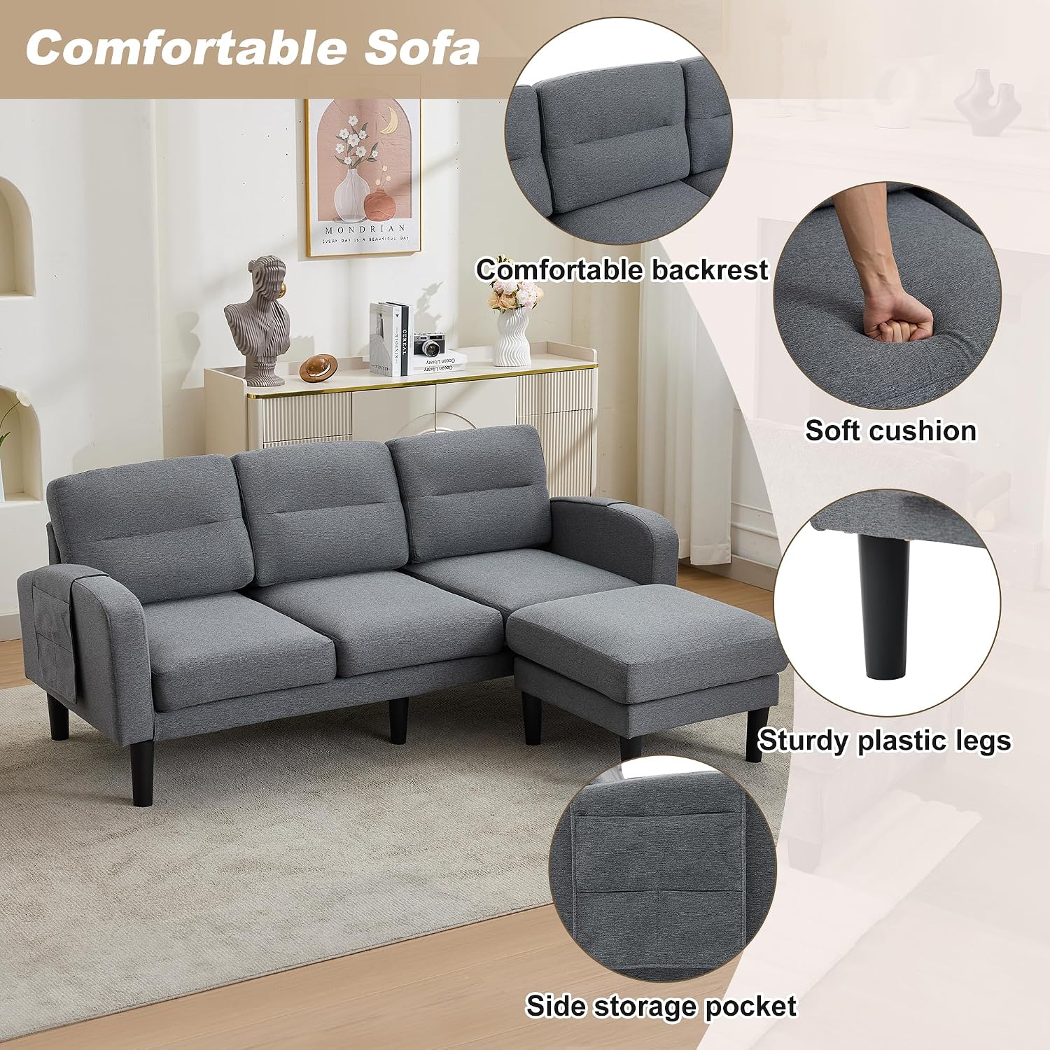 Kayan Grey Cotton and Linen Sofa Corner Sofa,L Shaped Couch,Modular Fiexible Sectional 3 Seater Sofa With Chaise Lounge for Living Room,Side Storage Pockets, 10 Sofa Legs，Gray