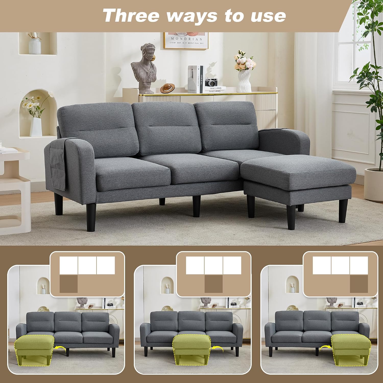 Kayan Grey Cotton and Linen Sofa Corner Sofa,L Shaped Couch,Modular Fiexible Sectional 3 Seater Sofa With Chaise Lounge for Living Room,Side Storage Pockets, 10 Sofa Legs，Gray