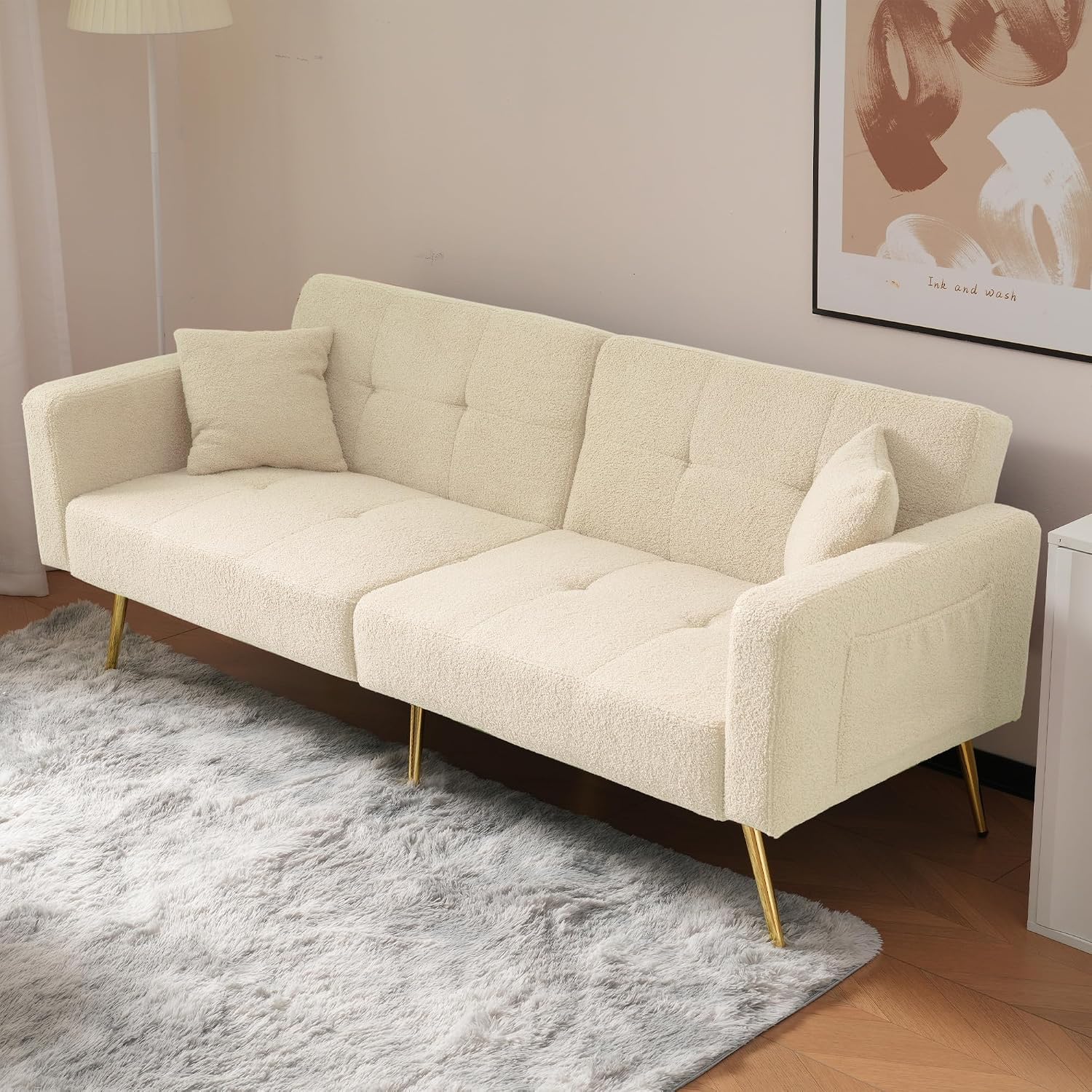 Kayan The sofa bed has a bed function, three adjustable backrest angles, gold legs, cushions and side storage pockets，Beige