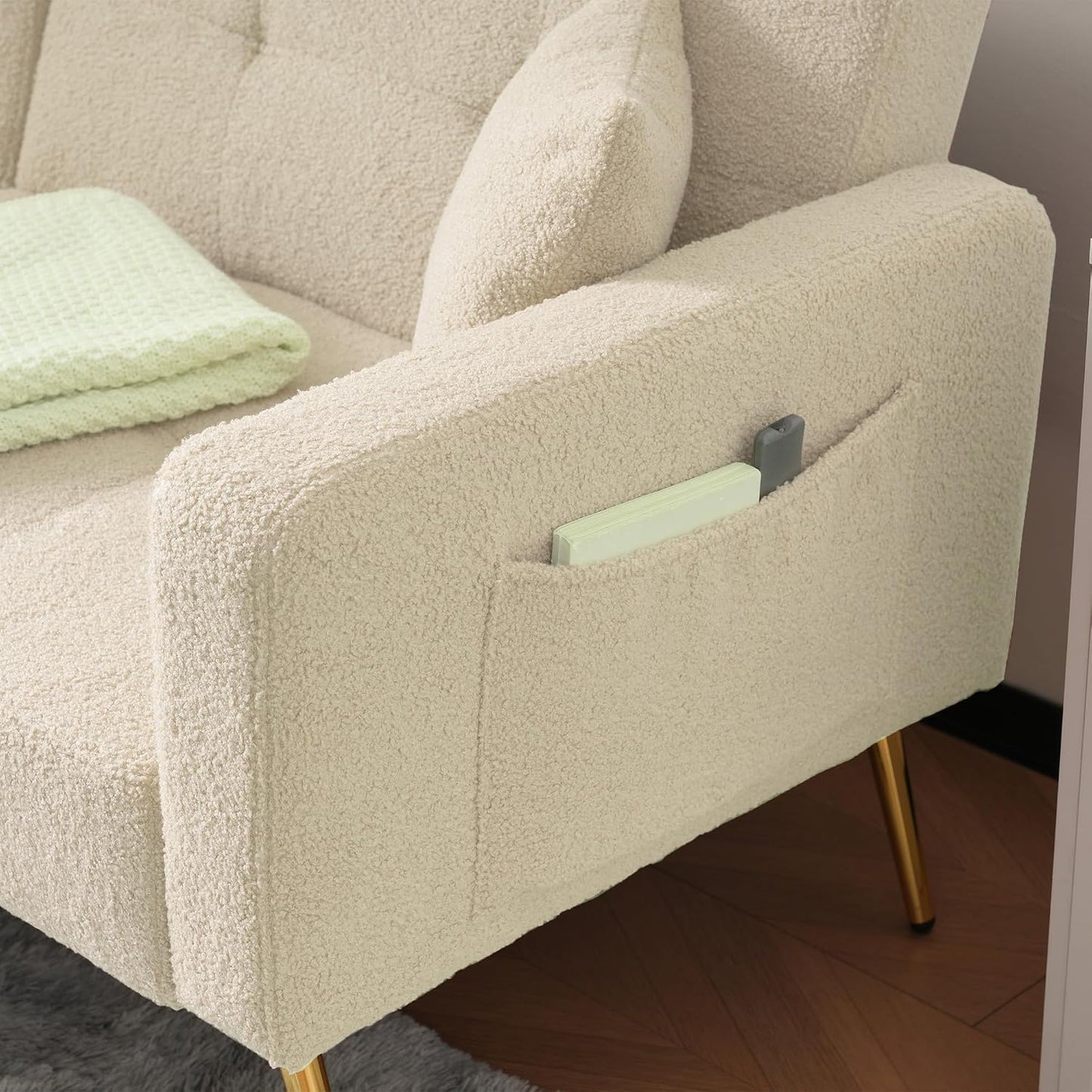 Kayan The sofa bed has a bed function, three adjustable backrest angles, gold legs, cushions and side storage pockets，Beige