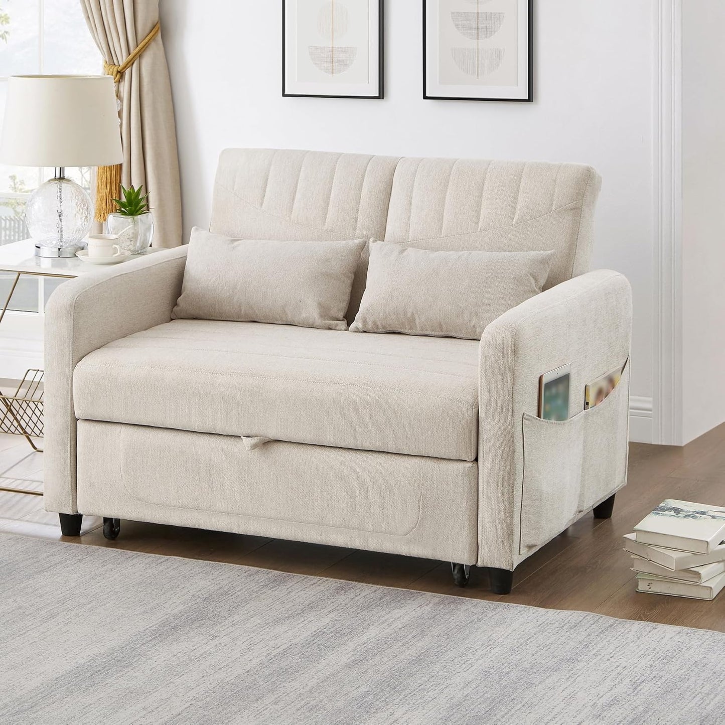 Merax Convertible 2 Seater Sofa Bed, Pull Out Sleeper Sofa with 3 Level Adjustable Backrest, Breathable Cotton Linen Fabric, Space Saving Fold Out Guest Bed for Living Room, Beige