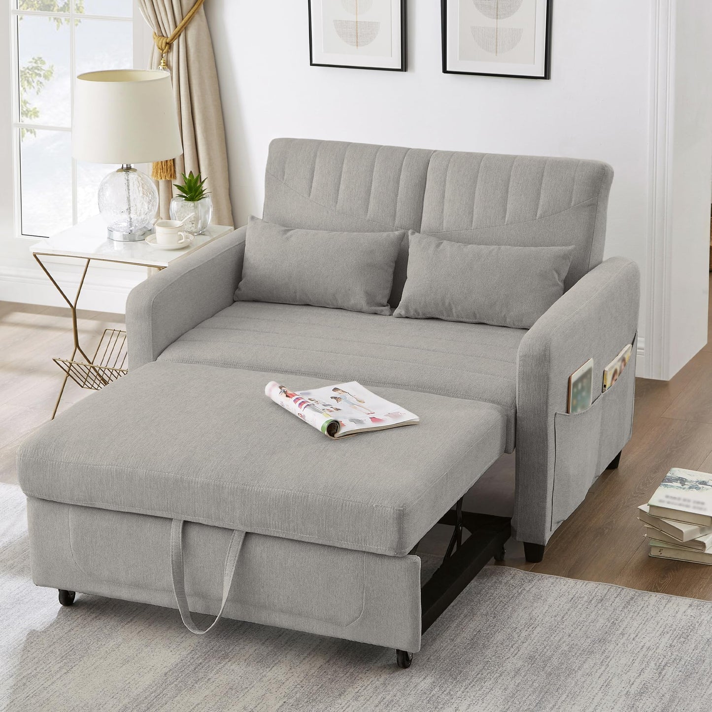 Merax Convertible 2 Seater Sofa Bed, Pull Out Sleeper Sofa with 3 Level Adjustable Backrest, Breathable Cotton Linen Fabric, Space Saving Fold Out Guest Bed for Living Room, Beige