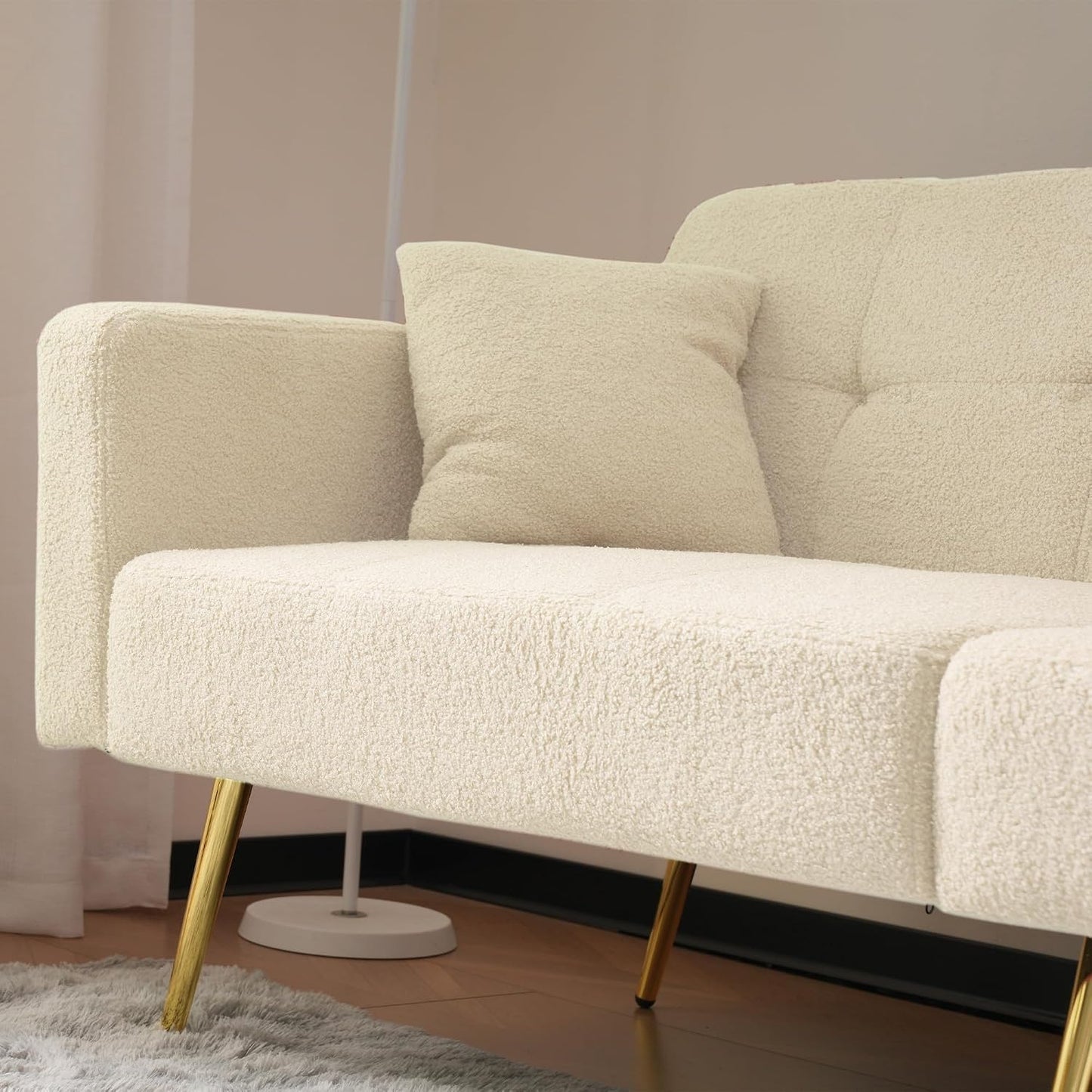 Kayan The sofa bed has a bed function, three adjustable backrest angles, gold legs, cushions and side storage pockets，Beige