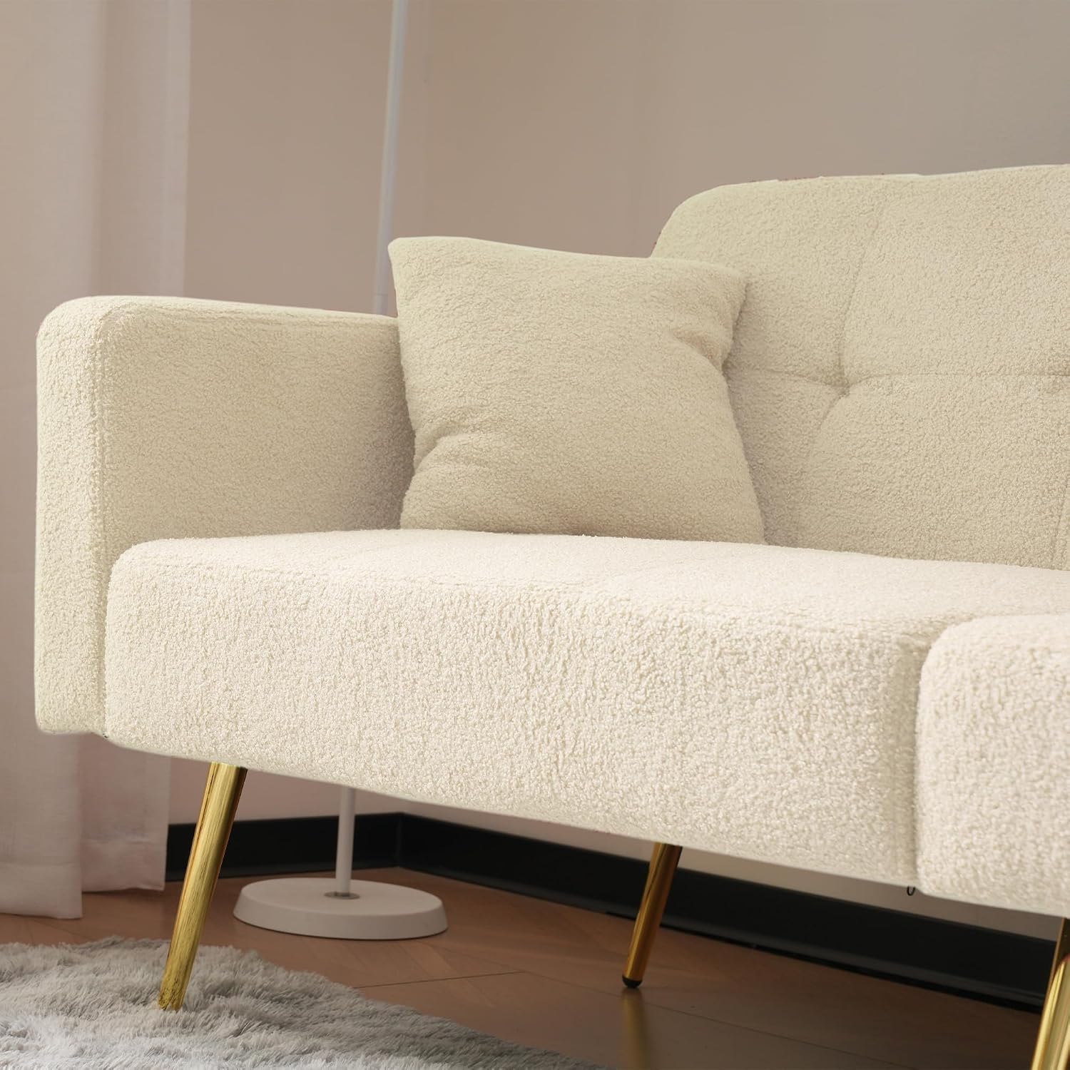 Kayan The sofa bed has a bed function, three adjustable backrest angles, gold legs, cushions and side storage pockets，Beige