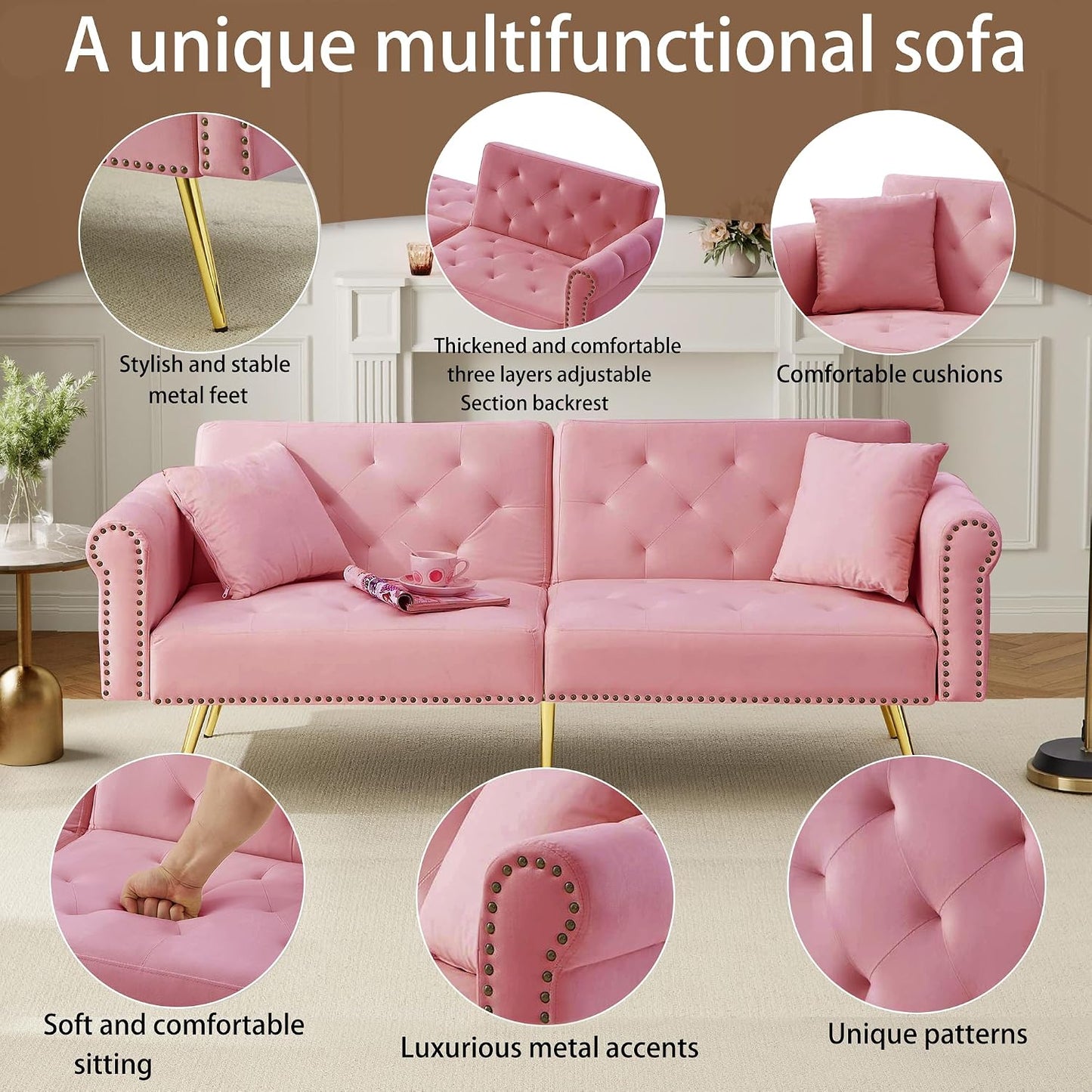 Kayan Modern 2-Seater Sofa Bed – Velvet Upholstery, 3-Stage Adjustable Backrest & Gold-Plated Metal Feet Stylish Sofa with Sleeping Function – Space-Saving, Durable, Ideal for Small Spaces，Pink